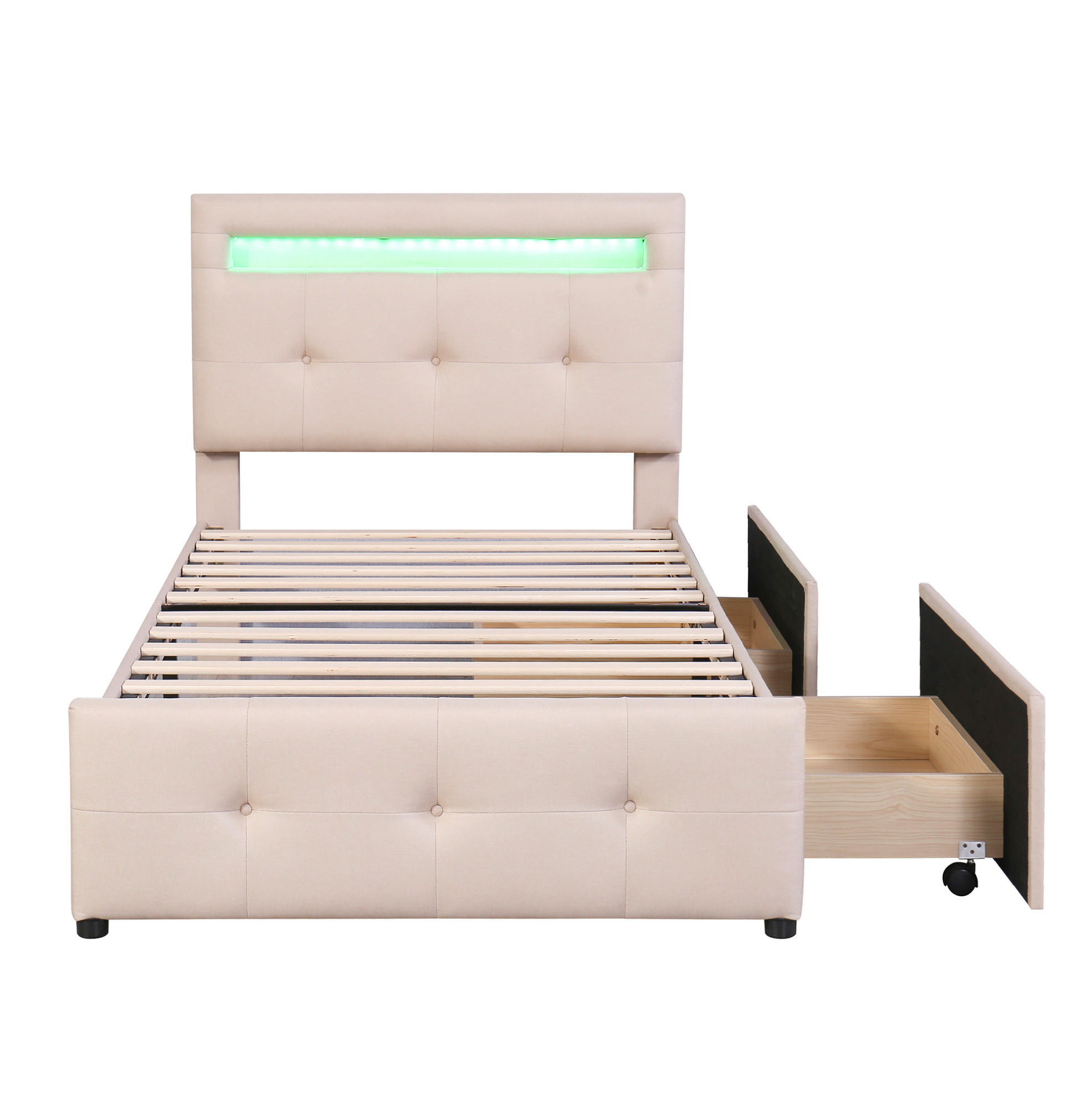 POLSTERBETT 90/200 cm Beige aus Holz mit LED und 2 Schubladen - Beige, Holzwerkstoff (90/200cm) - OKMYHOME