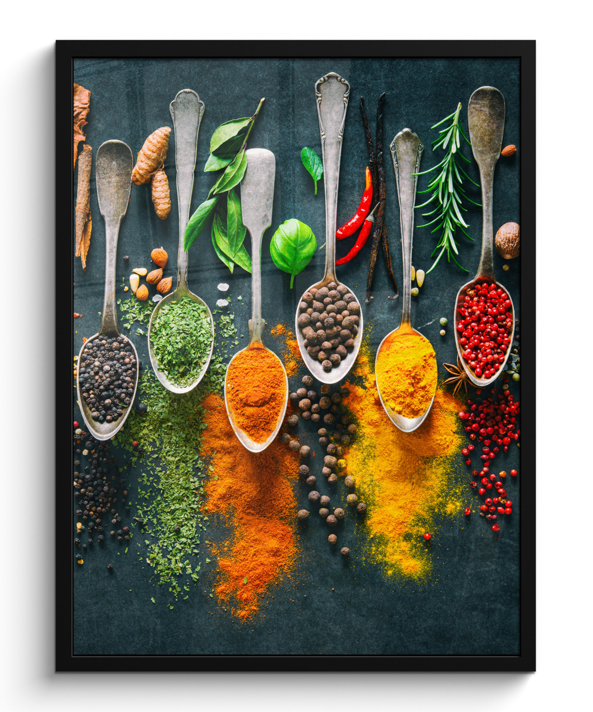 GERAHMTES BILD Kräuter - Gewürze - Löffel 60x80 cm - Currygelb, Papier (60/80cm) - MuchoWow