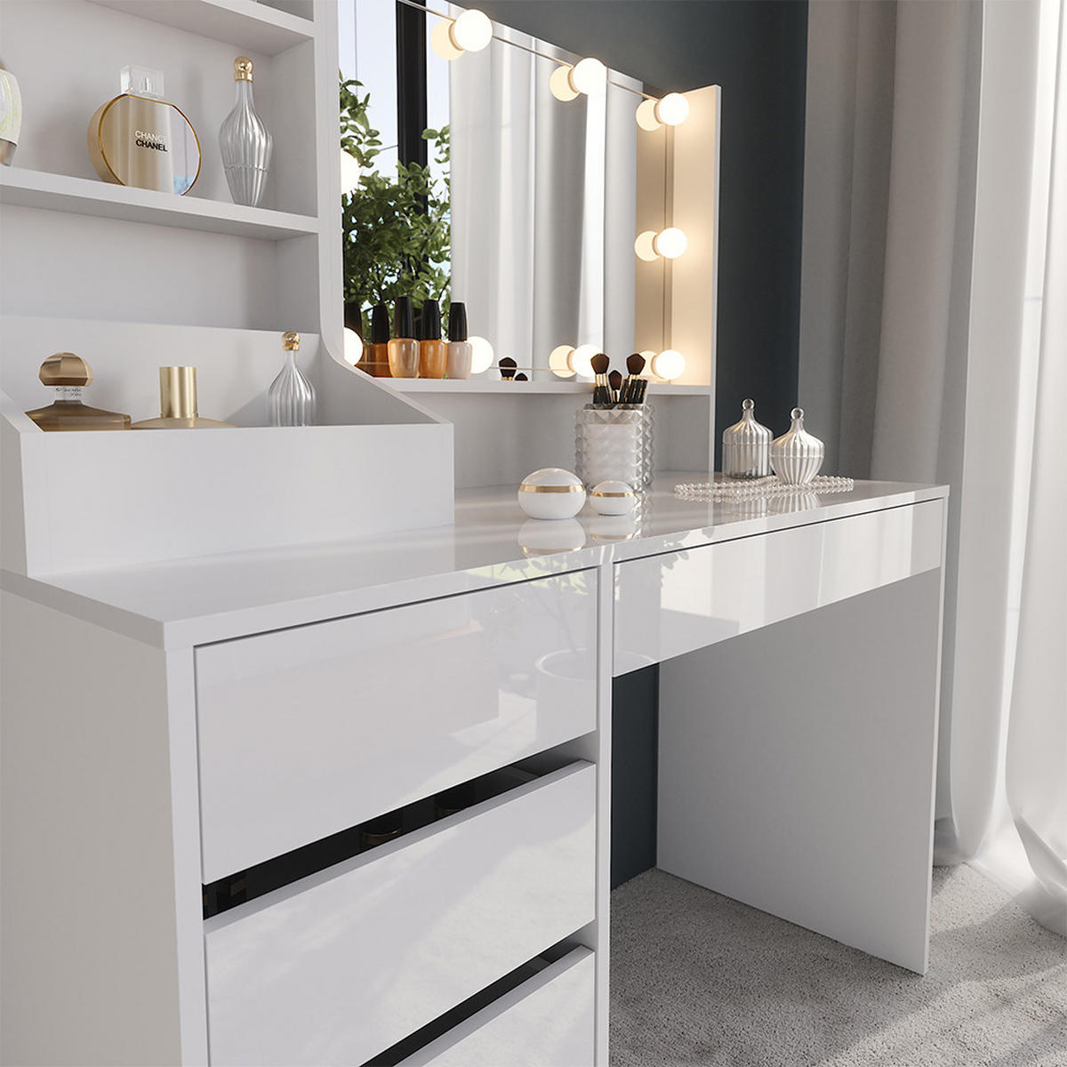 SCHMINKTISCH Sherry Weiß/Weiß Hochglanz 119.8 cm 4 Teile - Weiß Hochglanz, Holzwerkstoff (119.8/76/50.1cm) - Vicco