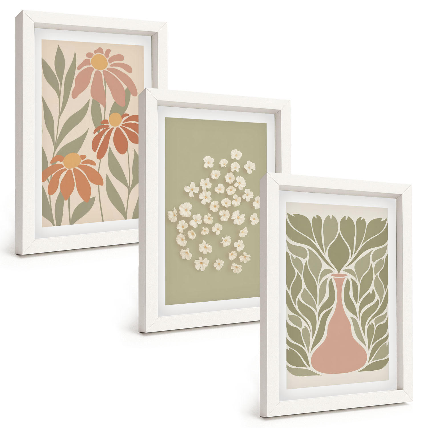 BILDER SET 3er Set - 20x30 cm Weißer Rahmen - Florale Boho-Muster - Weiß, Kunststoff (20/30cm) - TULUP