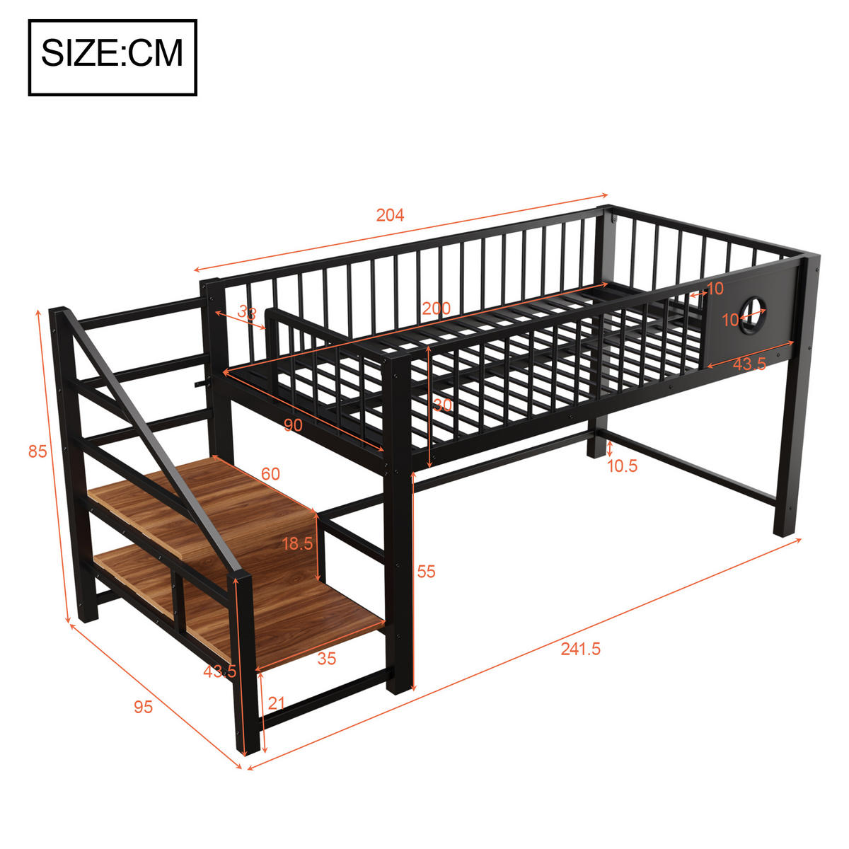 KINDERBETT 90/200 cm DE-01522, in Schwarz, mit Aufbewahrungsleiter - Schwarz, Metall (90/200cm) - ComfortXL