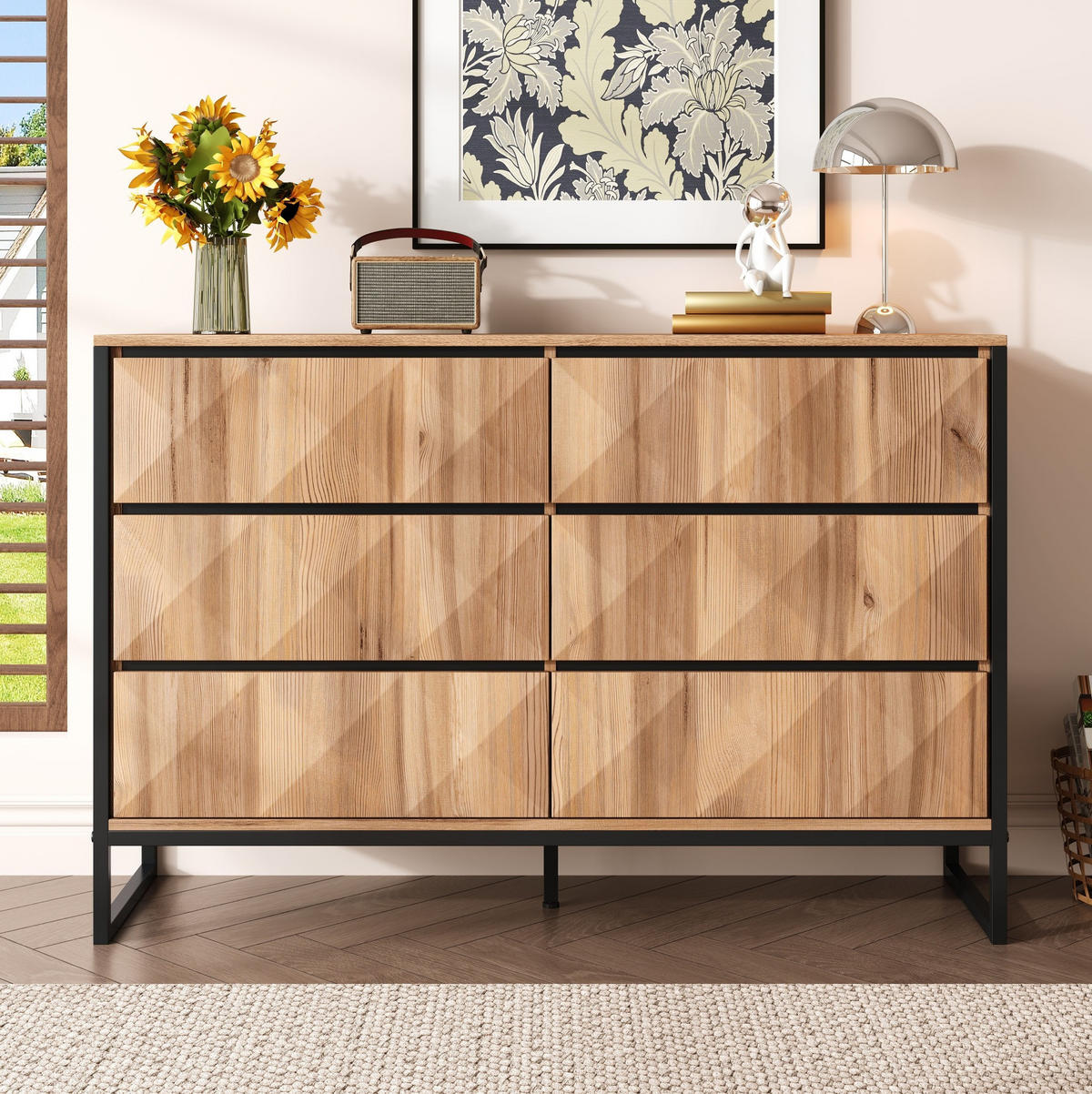 SIDEBOARD 120/40/80 cm mit 6 Schubladen in Schwarz & Natur im industriellen Look - Naturfarben, Holzwerkstoff (120/80/40cm) - BEAOK