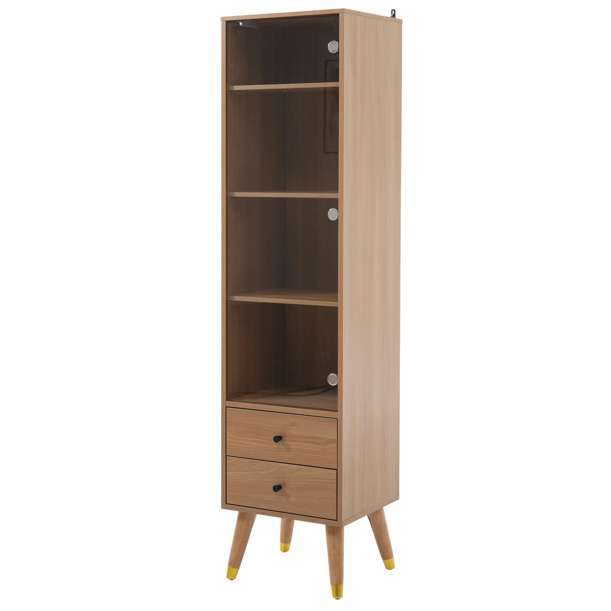 VITRINE in Naturfarben mit Glastür und 2 Schubladen für Wohnzimmer, B39,8/T35/H160 cm - Transparent/Naturfarben, Glas/Holzwerkstoff (39.8/160/35cm) - STILVORA