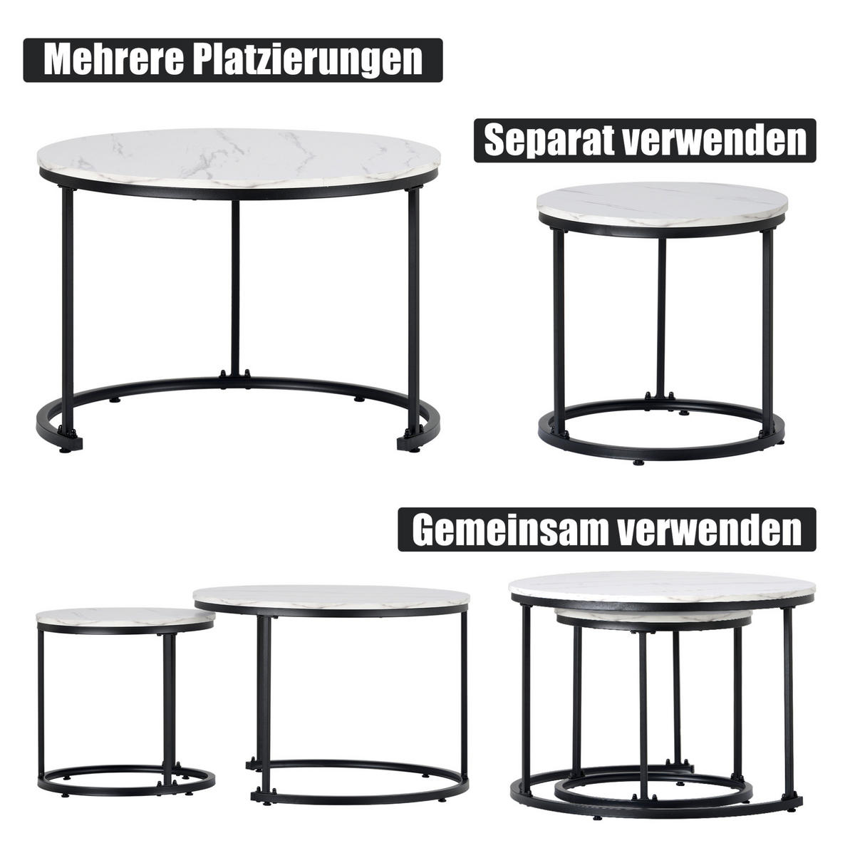 COUCHTISCH 2er-Set 50/70,5 cm & 45,5/44 cm in Marmoroptik, nestbar - Weiß, Holzwerkstoff (70.5/70.5/50cm) - Flora Grace