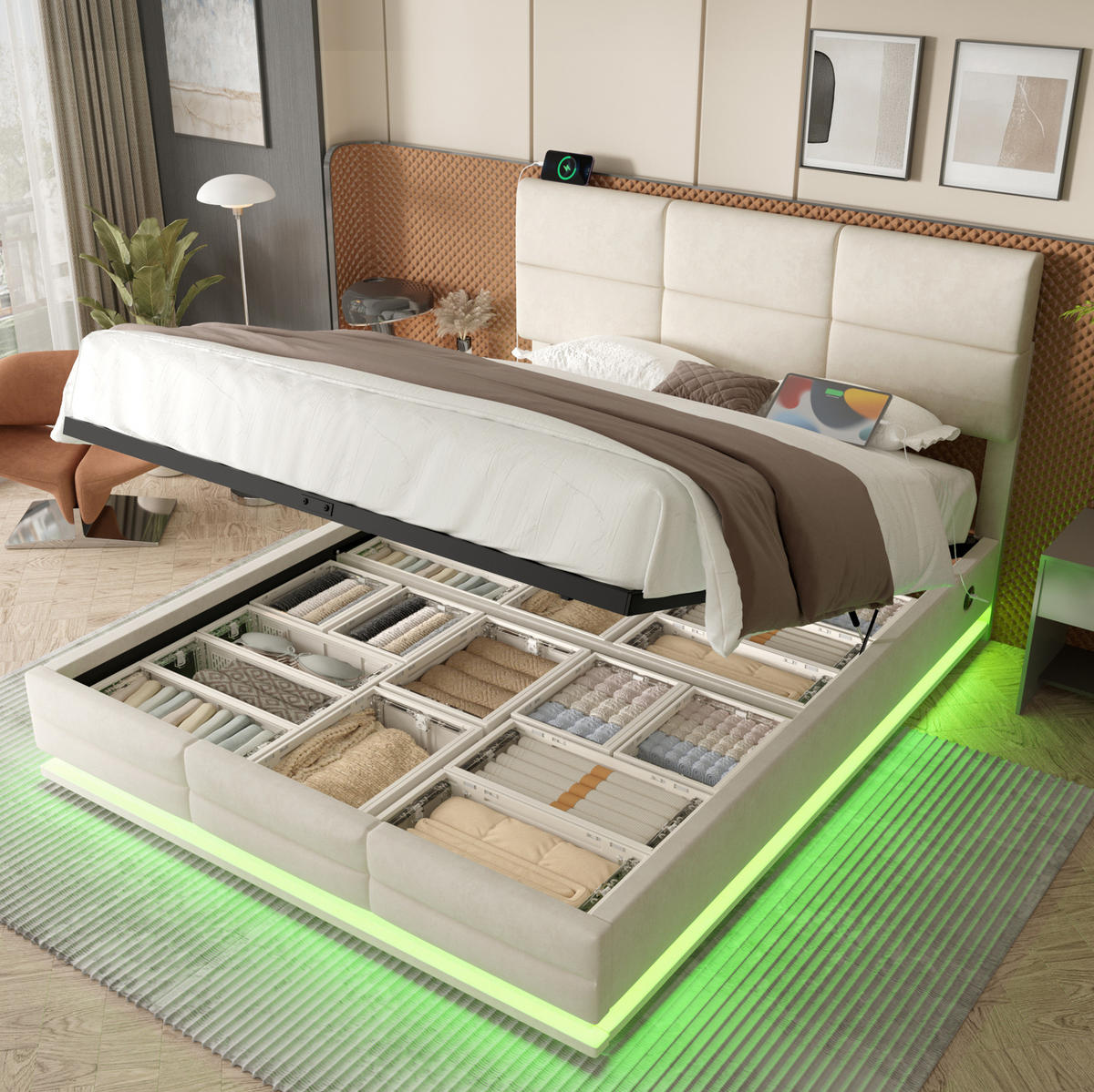 POLSTERBETT 160/200 cm mit LED-Beleuchtung, USB-Anschlüssen, hydraulischem Bettkasten und verstellbarem Kopfteil, Beige - Beige, Textil (160/200cm) - Redom