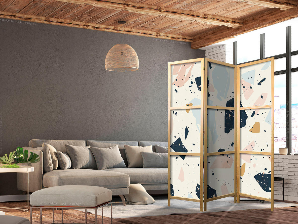 PARAVENT Japanischer 3-tlg 135x172 cm Farbiger Terrazzo - Multicolor, Holz/Textil (135/172/3cm) - Muralo