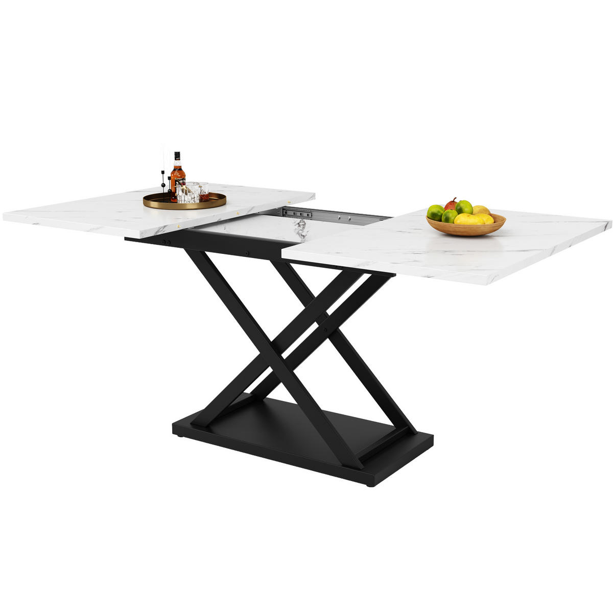 ESSTISCH aus MDF und Metall 120-160x80x75 cm Weiß/Schwarz ausziehbar mit Kreuzgestell und Marmor-Optik - Weiß, Holzwerkstoff (160/80/75cm) - Modfu