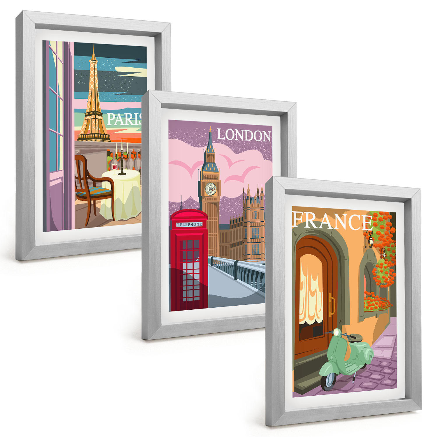 BILDER SET 3er Set - 20x30 cm Silberner Rahmen - Ansichten Paris London Retro - Silberfarben, Kunststoff (20/30cm) - TULUP