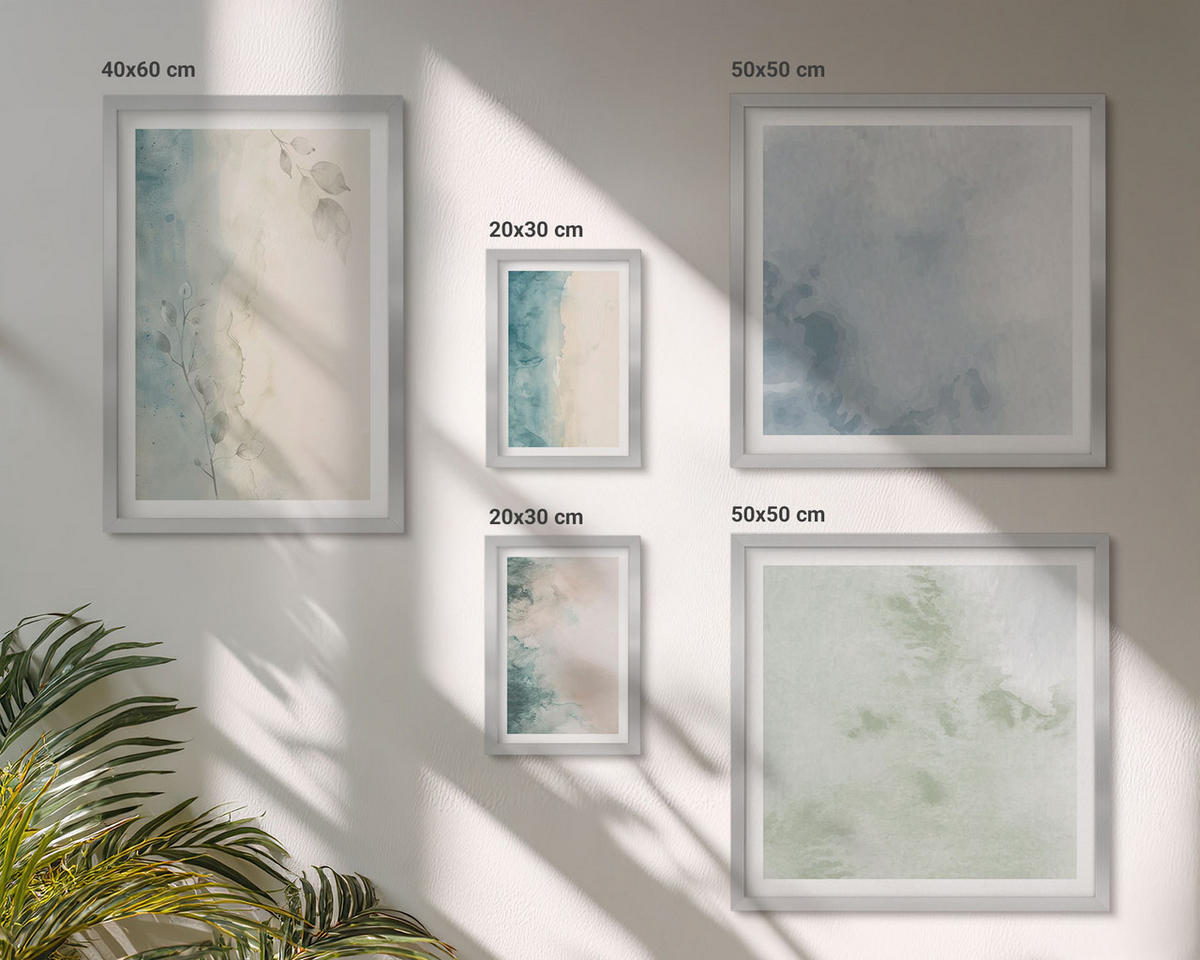 BILDER SET 5er Set - 50x50 cm & 20x30 cm & 40x60 cm Silberner Rahmen - Aquarell-Leinwandstil - Silberfarben, Kunststoff (40/60cm) - TULUP