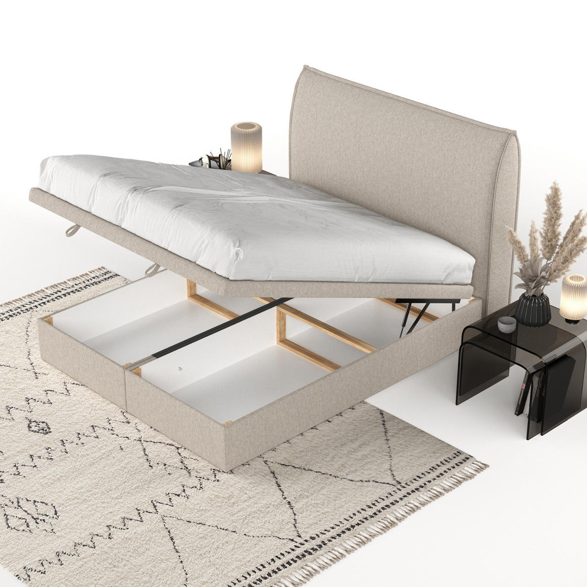 POLSTERBETT Tuvalu mit Stauraum 120/200 cm Hellbeige im Megan Stoff - Beige/Schwarz, Holz/Holzwerkstoff (120/200cm) - AltaBeds