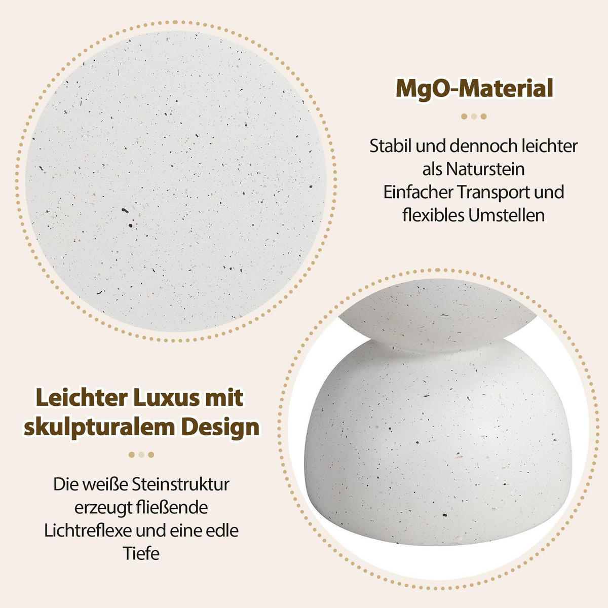 BEISTELLTISCH in Terrazzo Weiß,aus MgO,mit modernem Stil - Weiß, Naturmaterialien (39.5/39.5/45.5cm) - KOMHTOM