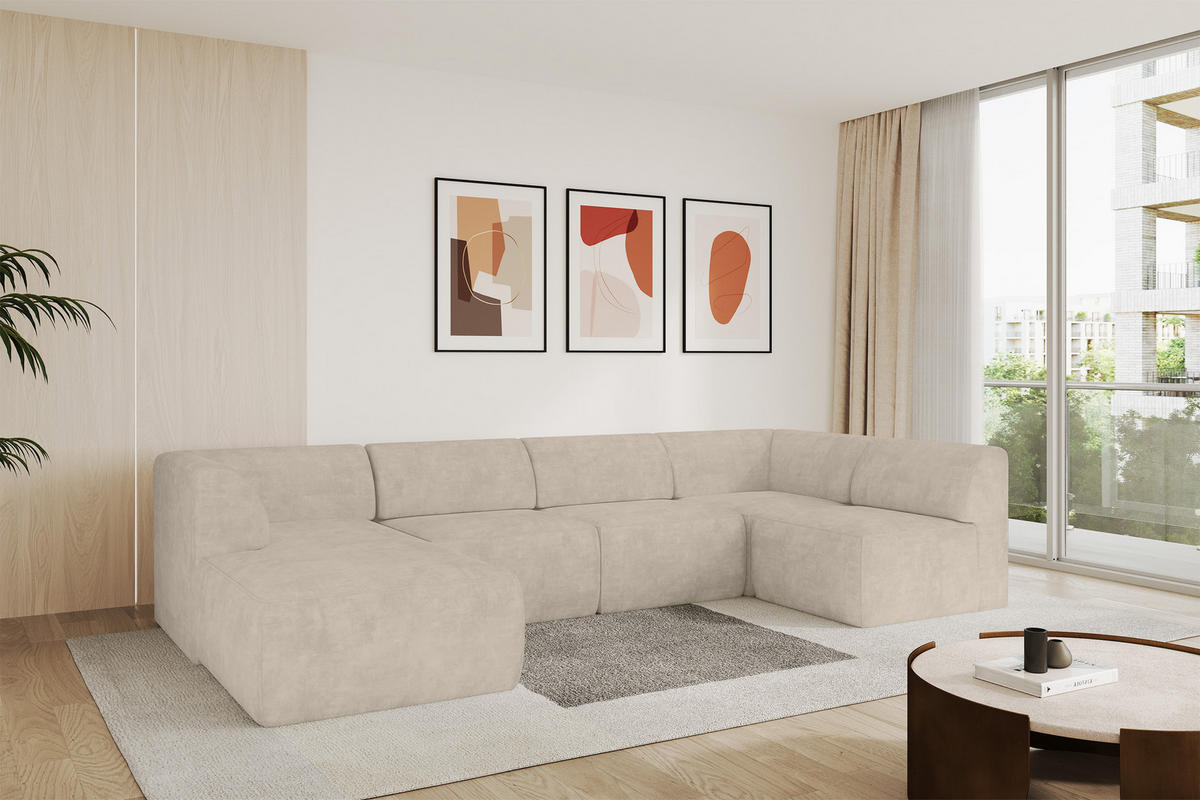 WOHNLANDSCHAFT Ottomane Links MOVO-L 345x180x78 cm Beige Velours - Mokka, Holzwerkstoff/Kunststoff (345/78/180cm) - ALTDECOR