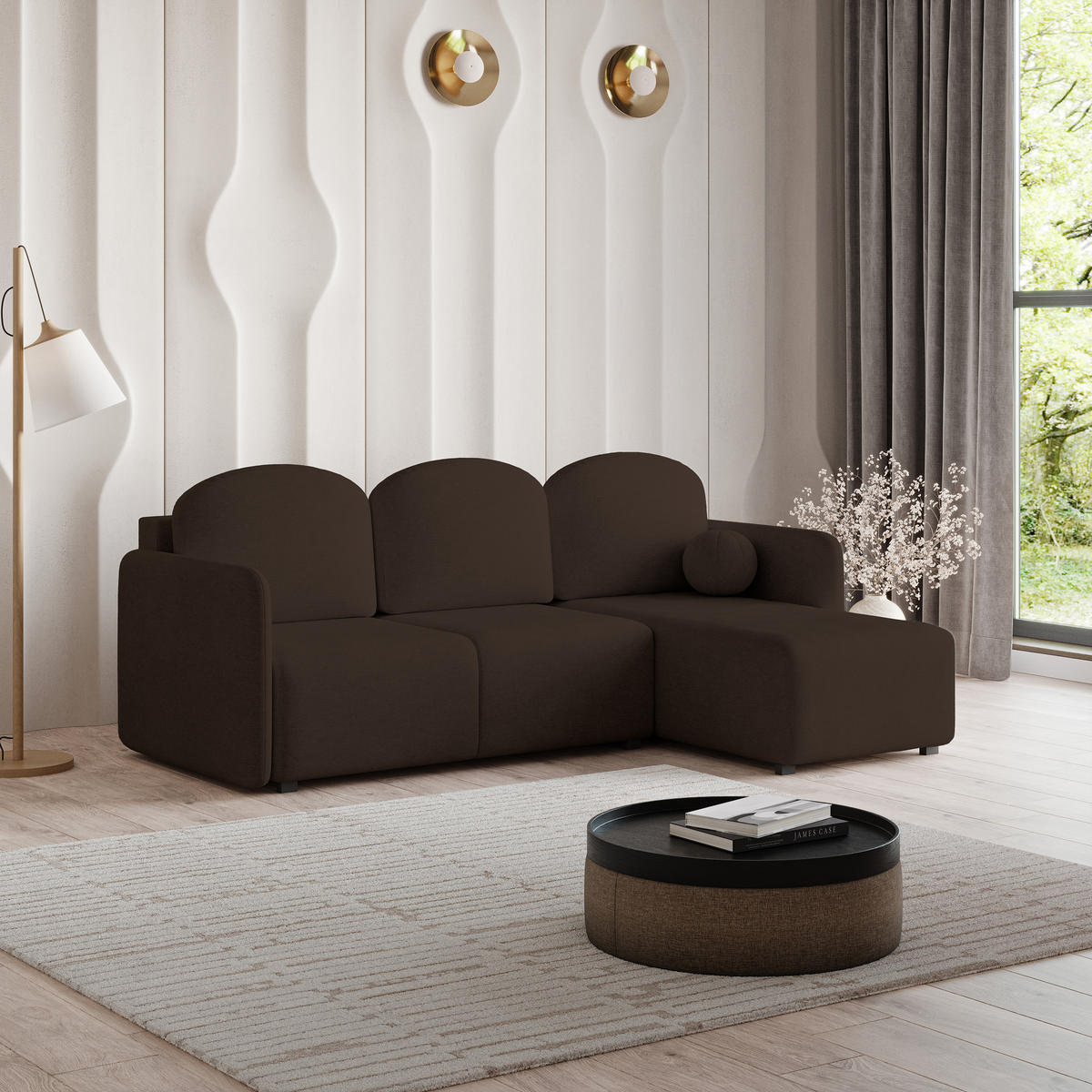 ECKSOFA SUVINO Braun Geflochtener Stoff mit Schlaffunktion - Dunkelbraun, Holz (230/143cm) - MASSENO