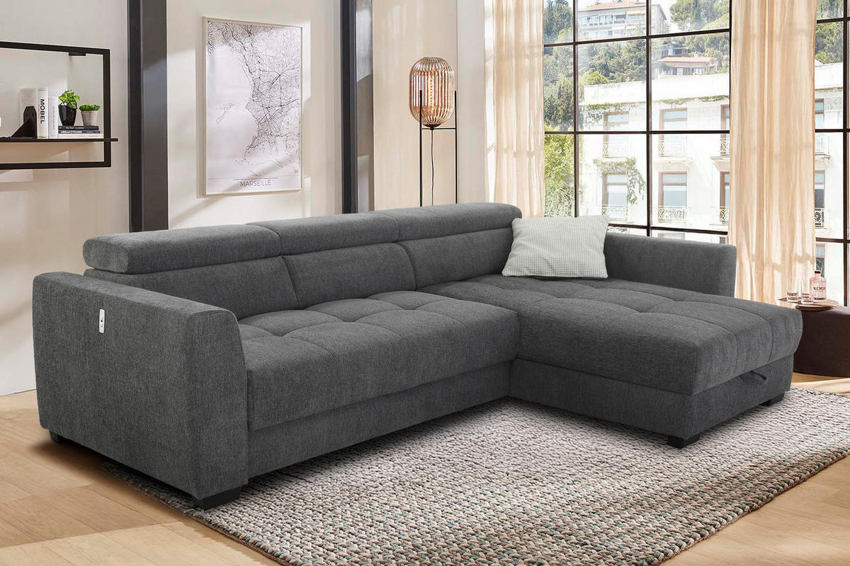 ECKSOFA mit elektrischer Sitztiefenverstellung, Kopflehnen verstellbar, USB-Ladefunktion, Bettkasten B300/T196/H103 cm, Chenille Dunkelgrau / 15409 - Dunkelgrau/Schwarz, Kunststoff/Textil (300/196cm) - luma-home