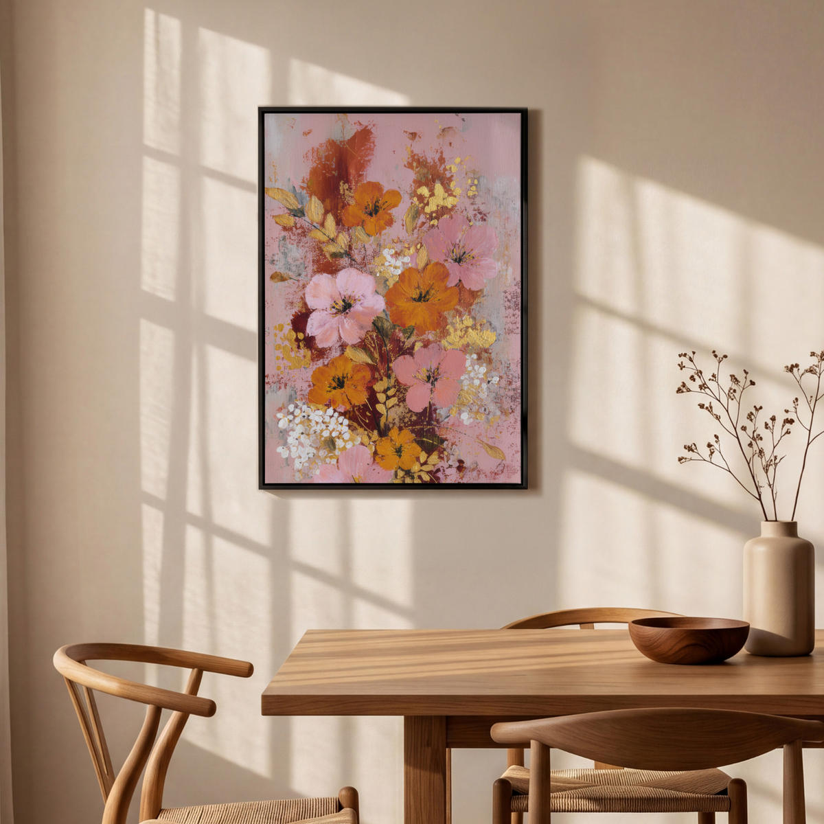 LEINWAND Bilder mit Rahmen - Malerei - Blumen - Rustikal - Rosa - 60x90 - Altrosa, Textil (60/90cm) - MuchoWow