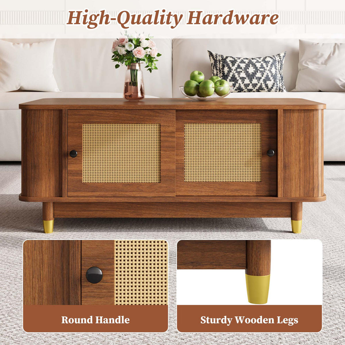 COUCHTISCH Nussbaum 100/50/42 cm mit Rattandetails - Walnussfarben, Holzwerkstoff (50/100/42cm) - PANGIVO
