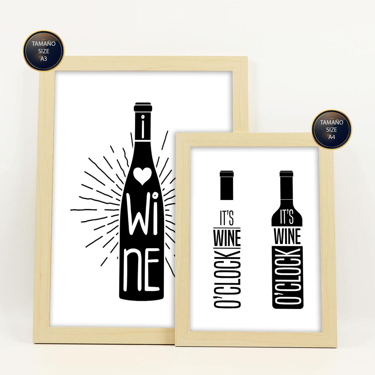POSTER Set Mit 6 Weinästhetik Größe A3 & A4 Rahmen aus hellem Holz - Beige, Papier (29.7/1cm) - Nacnic
