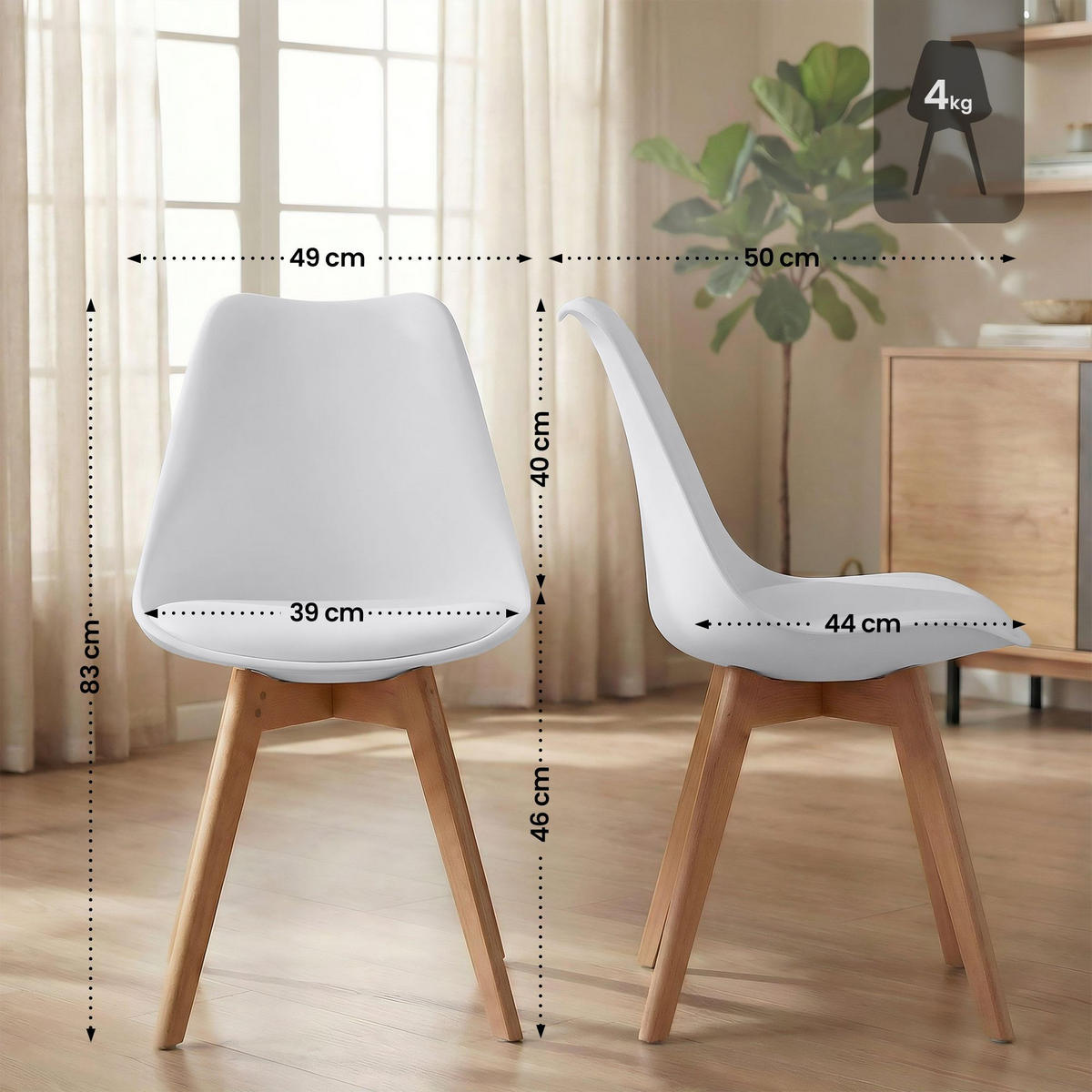 STUHL 4er Set Kunststoff weiß - Eukalyptusholzfarben/Weiß, Holz/Kunststoff (49/83/50cm) - CLP
