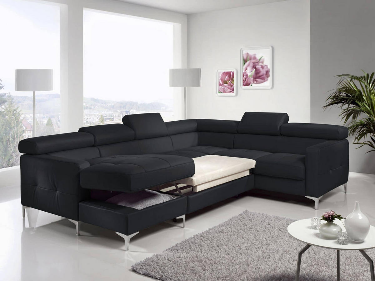 WOHNLANDSCHAFT aus Echtleder mit Schlaffunktion und Bettkasten - Chromfarben/Silberfarben, Leder/Holz (240/74/304cm) - Cotta