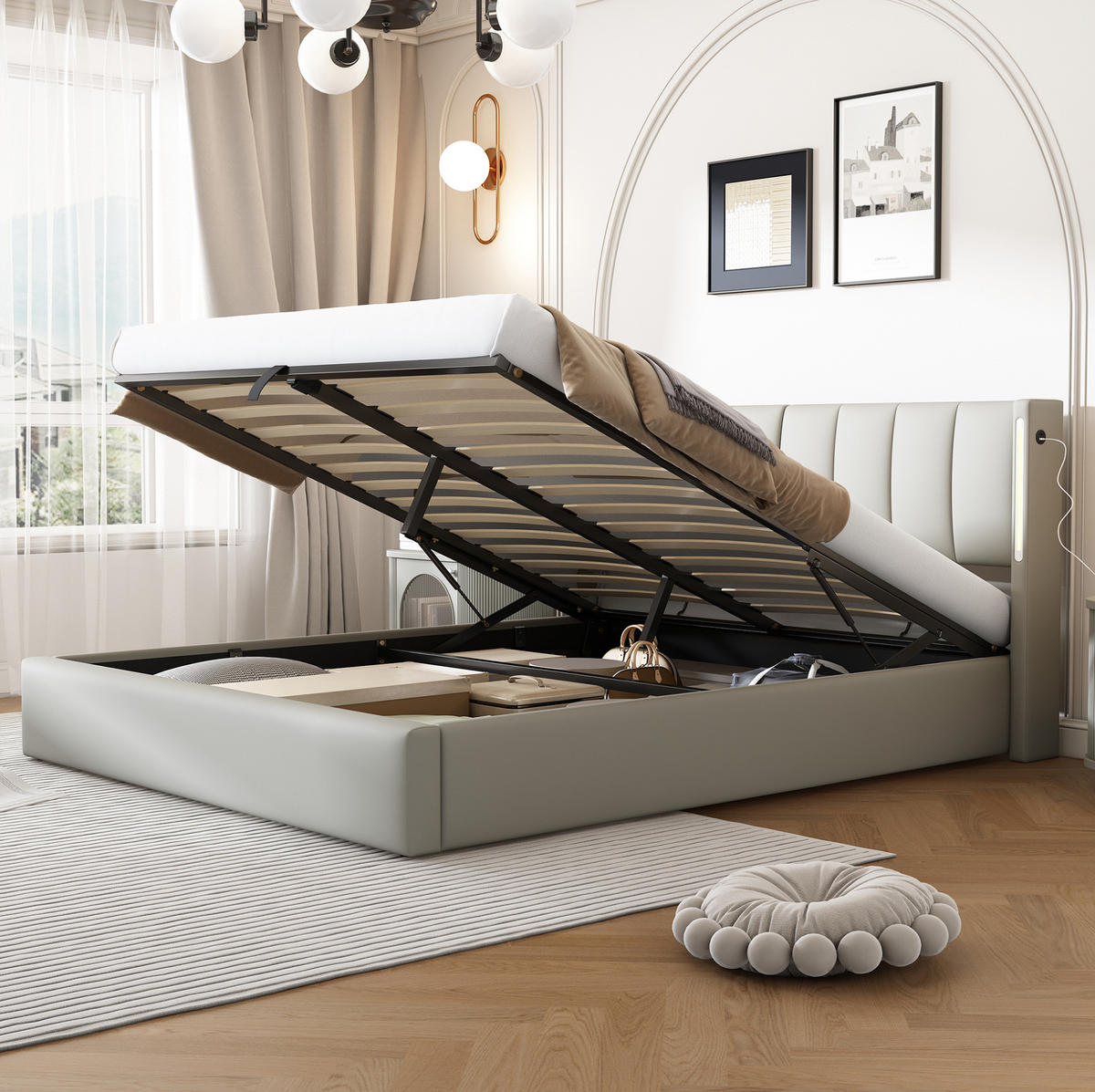 POLSTERBETT 160/200 cm mit LED-Beleuchtung, USB-Anschluss, verstellbarem Kopfteil und Bettkasten, Grau - Grau, Kunststoff (160/200cm) - Redom