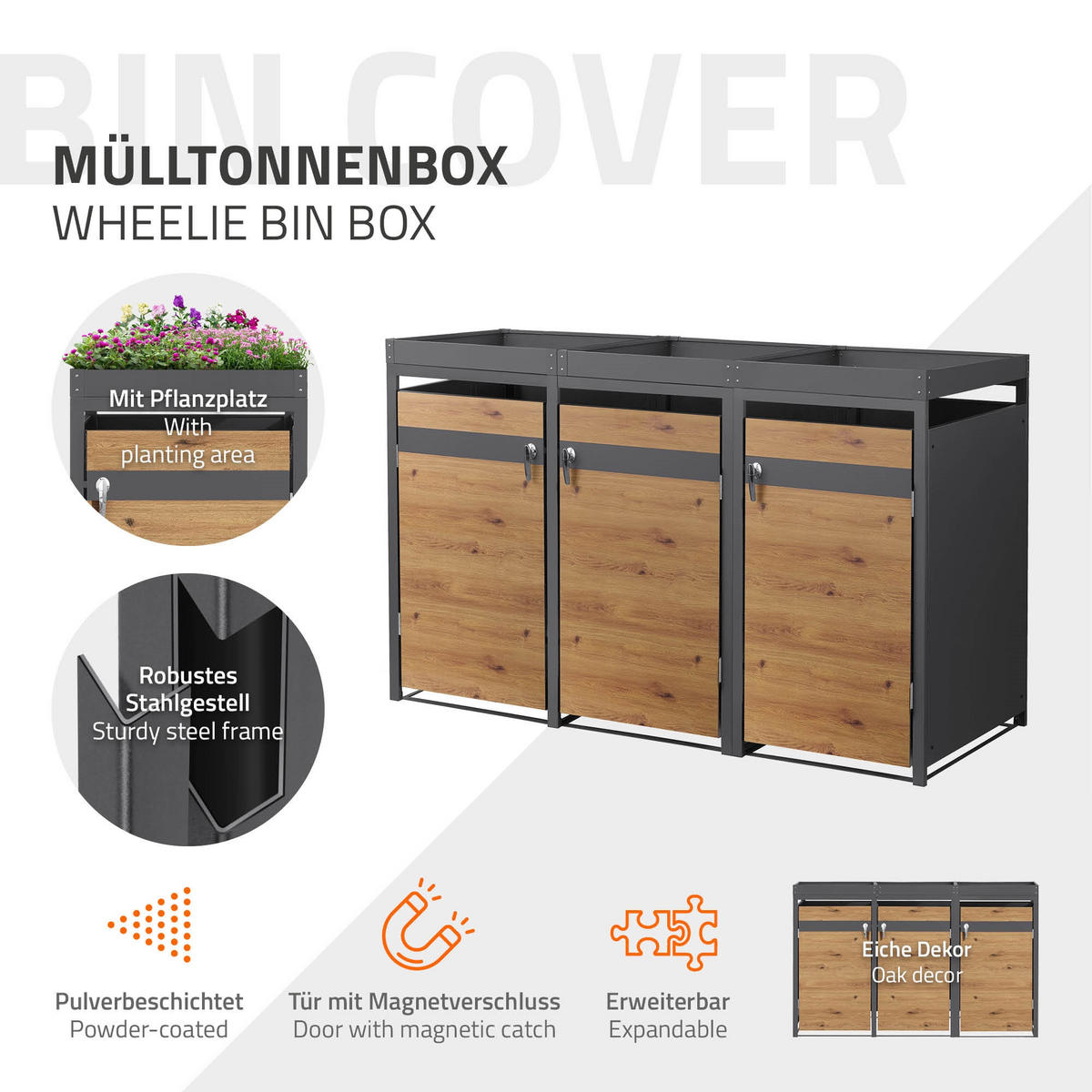 MÜLLTONNENBOX 3er mit Pflanzdach Anthrazit-Holzoptik - Braun, Metall (200/124/80cm) - ML-DESIGN