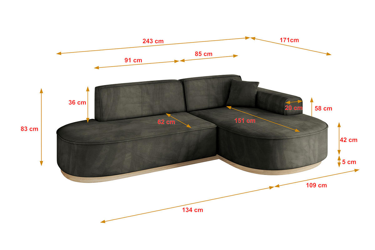 ECKSOFA Ottomane Rechts MARI-L1-v1 - 243x171x83 cm Schwarz Velours - Schwarz, Holzwerkstoff/Textil (171/243cm) - ALTDECOR