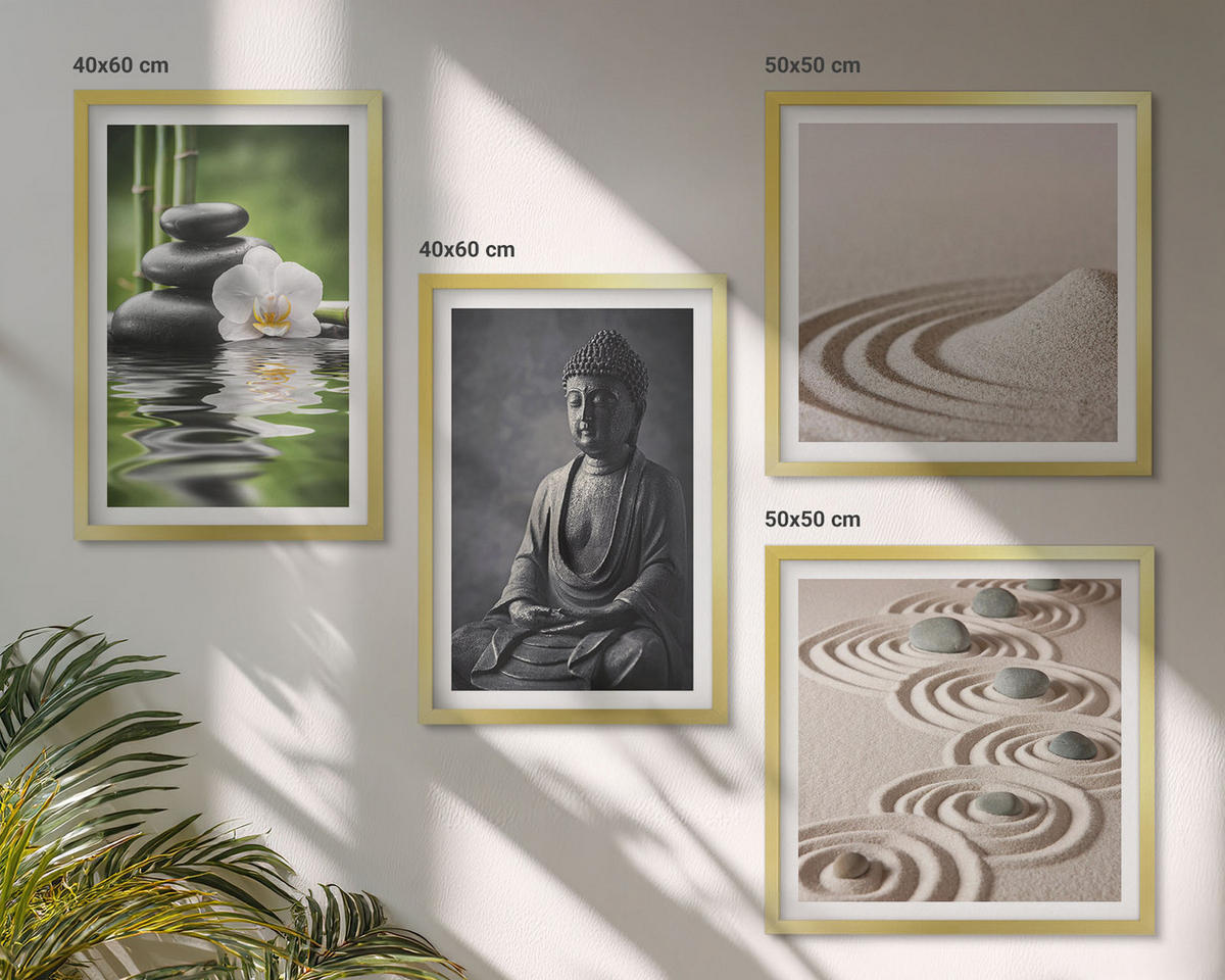 WANDBILDER 4er Set - 50x50 cm & 40x60 cm Goldrahmen - Ein entspannter Buddha am Strand - Goldfarben, Kunststoff (50/50cm) - ArtPrintCave