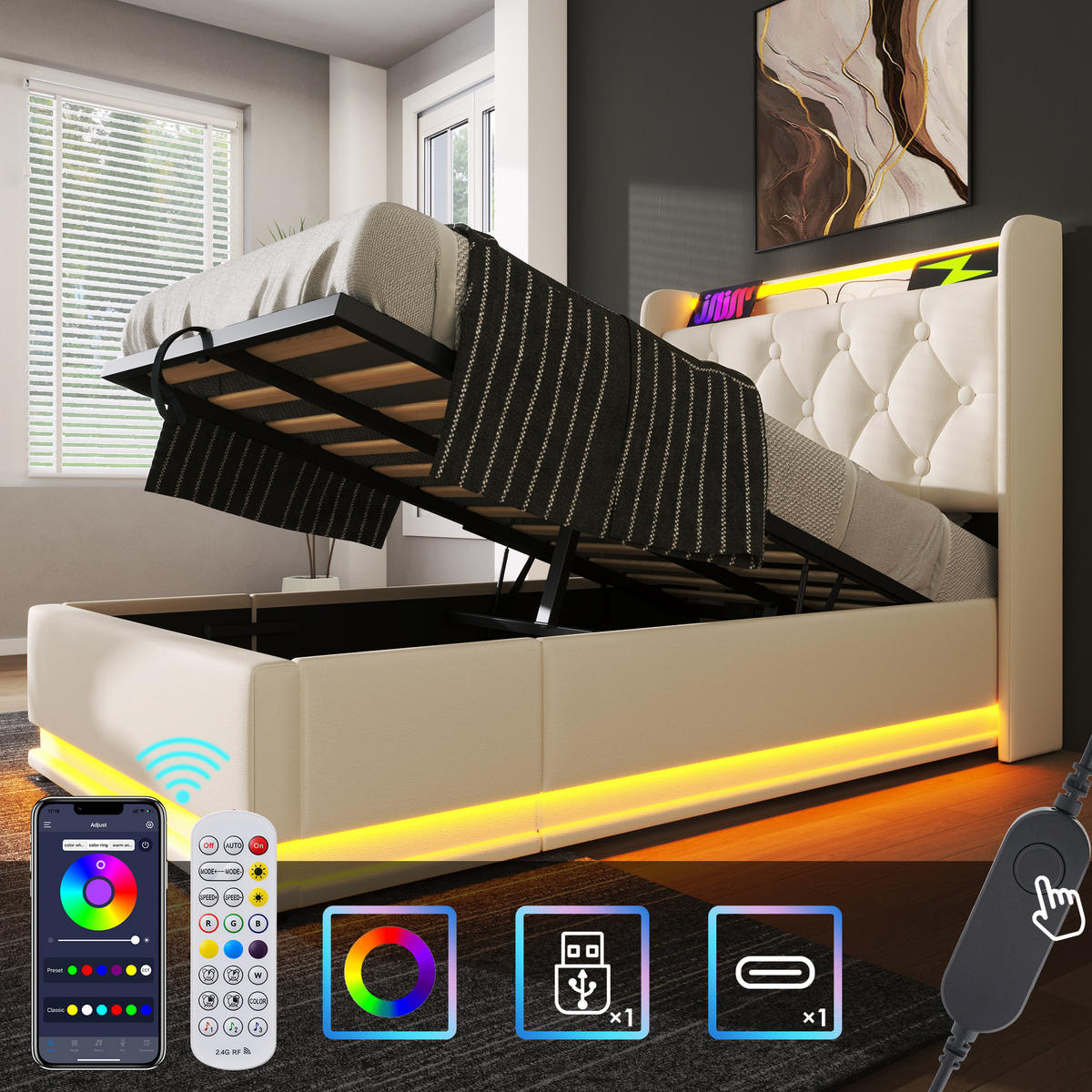 STAURAUMBETT 90/200 cm DE-00999, in PU Weiß, 360°-LED, Hydraulik und Matratze - Weiß, Metall (90/200cm) - ComfortXL