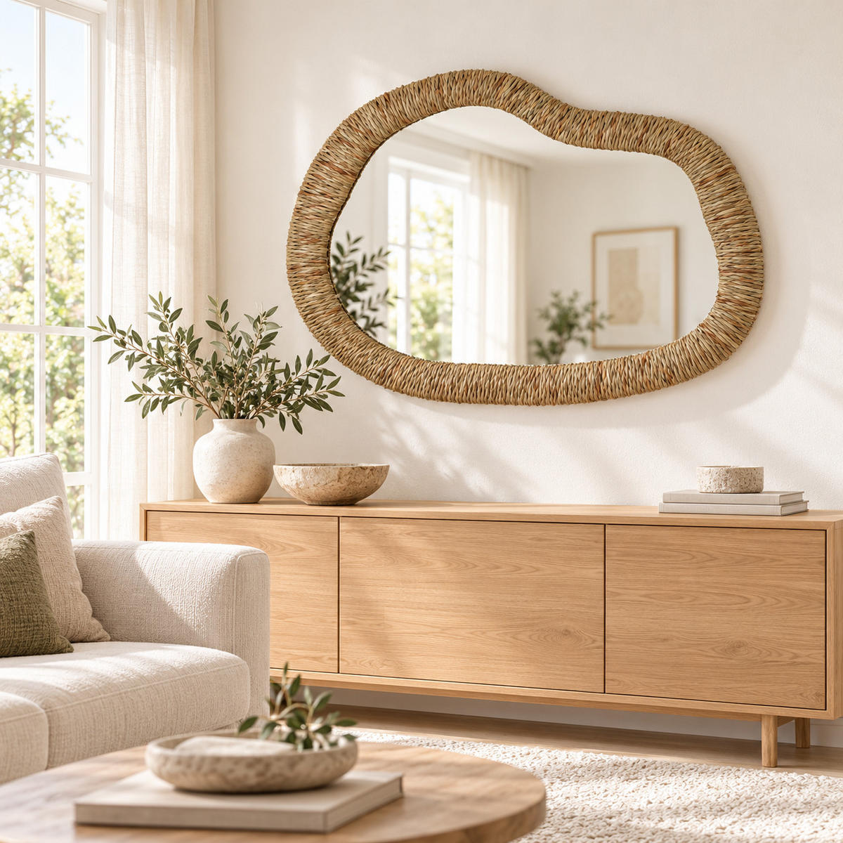 SEEGRAS-WANDSPIEGEL 75×50 cm, organische Form für Wohnzimmer,Flur - Dunkelgelb, Naturmaterialien (3.5/75/50cm) - Hometopia