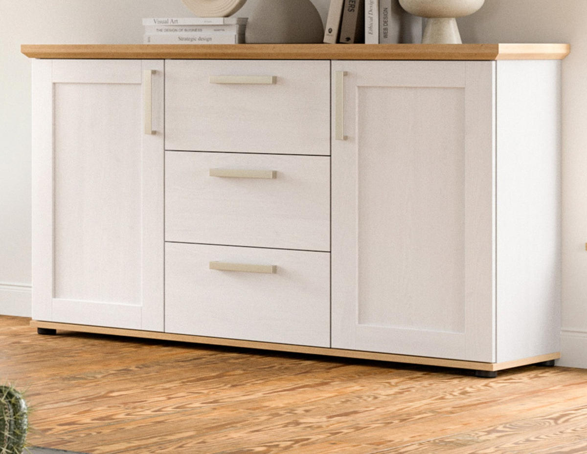 SIDEBOARD weiß Lärche, Eiche Artisan 129 cm, Kommode im Landhaus-Stil - Silberfarben/Schwarz, Holzwerkstoff/Kunststoff (129/80/40cm) - Inn.Furn