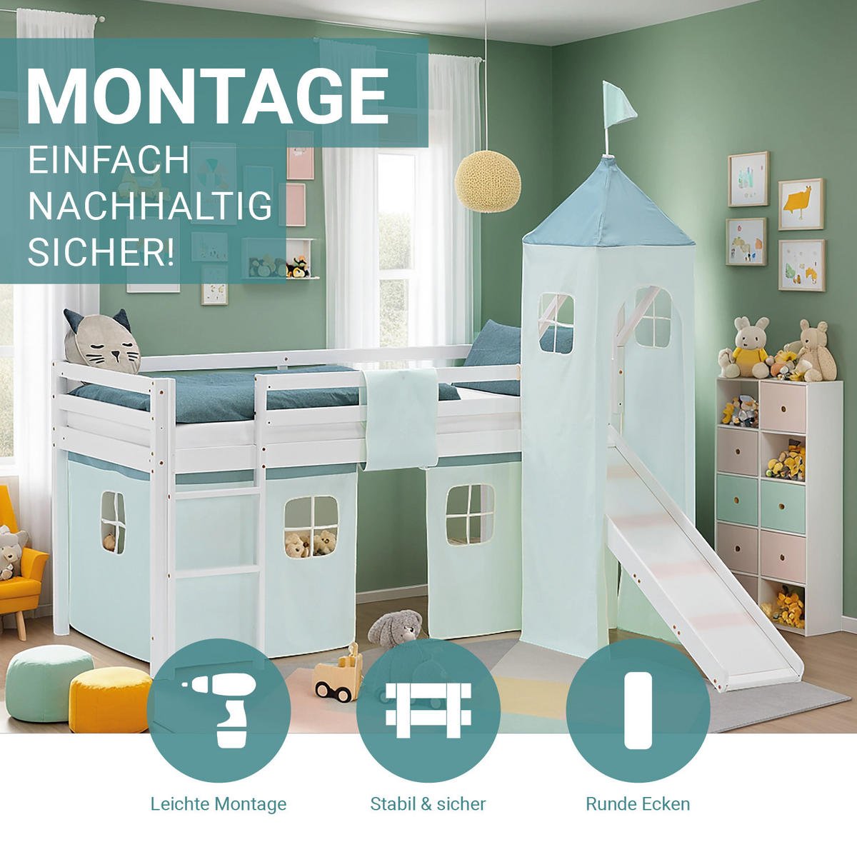 HOCHBETT 90/200 cm in weiß Rutsche Turm Bettvorhang Mint Lattenrost - Weiß/Mintgrün, Holz/Textil (90/200cm) - Homestyle4u