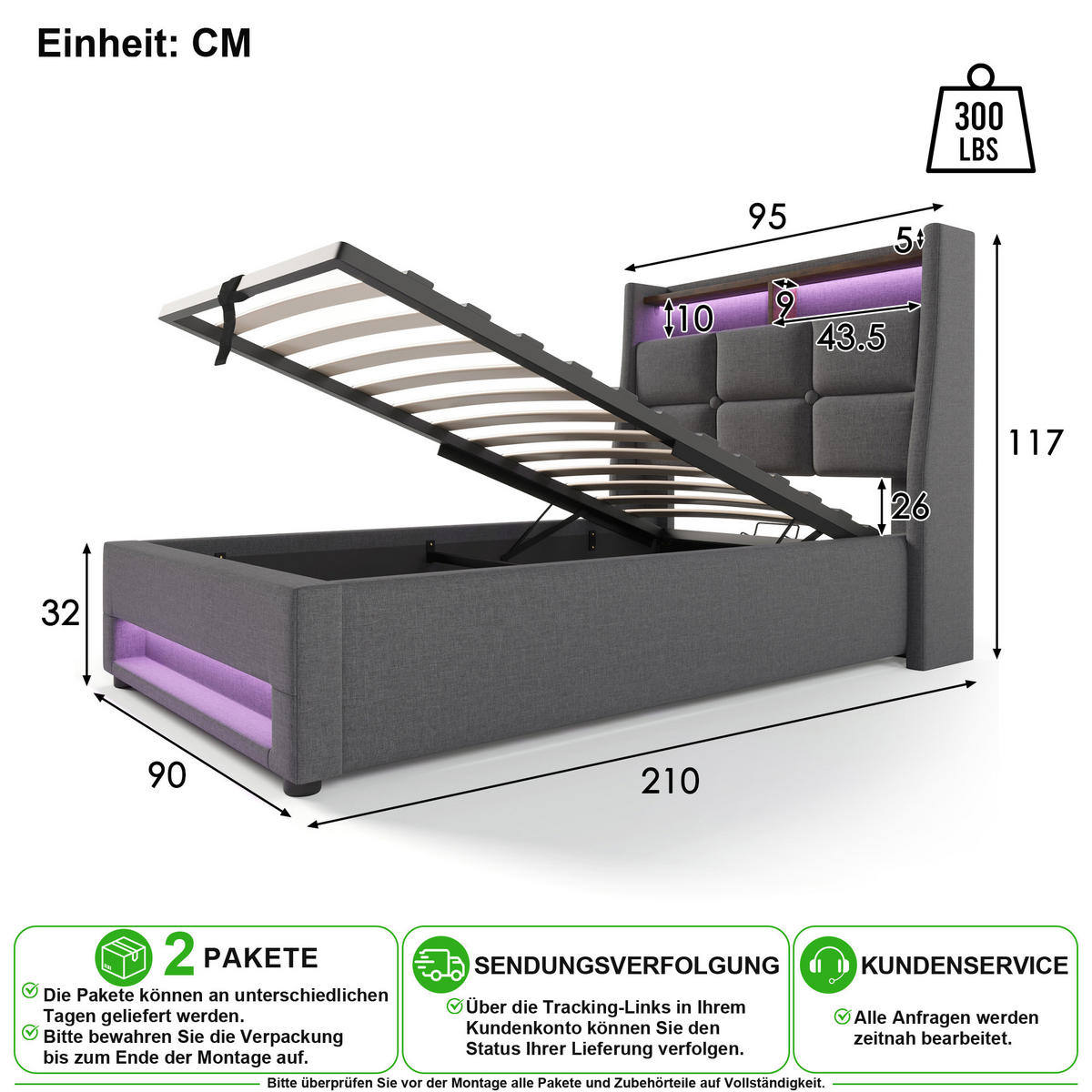 POLSTERBETT 90/200 cm in Grau Leinen mit Bettkasten, LED, USB und Regal - Grau, Holzwerkstoff/Textil (90/200cm) - CHICFURN