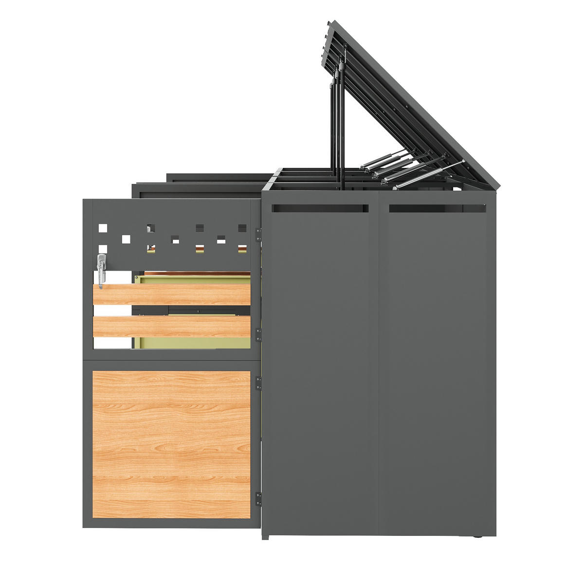 MÜLLTONNENBOX aus Stahl in Grau/Holzoptik mit hydraulischem Klappdeckel - Grau, Metall (264/124.5/80cm) - Modfu