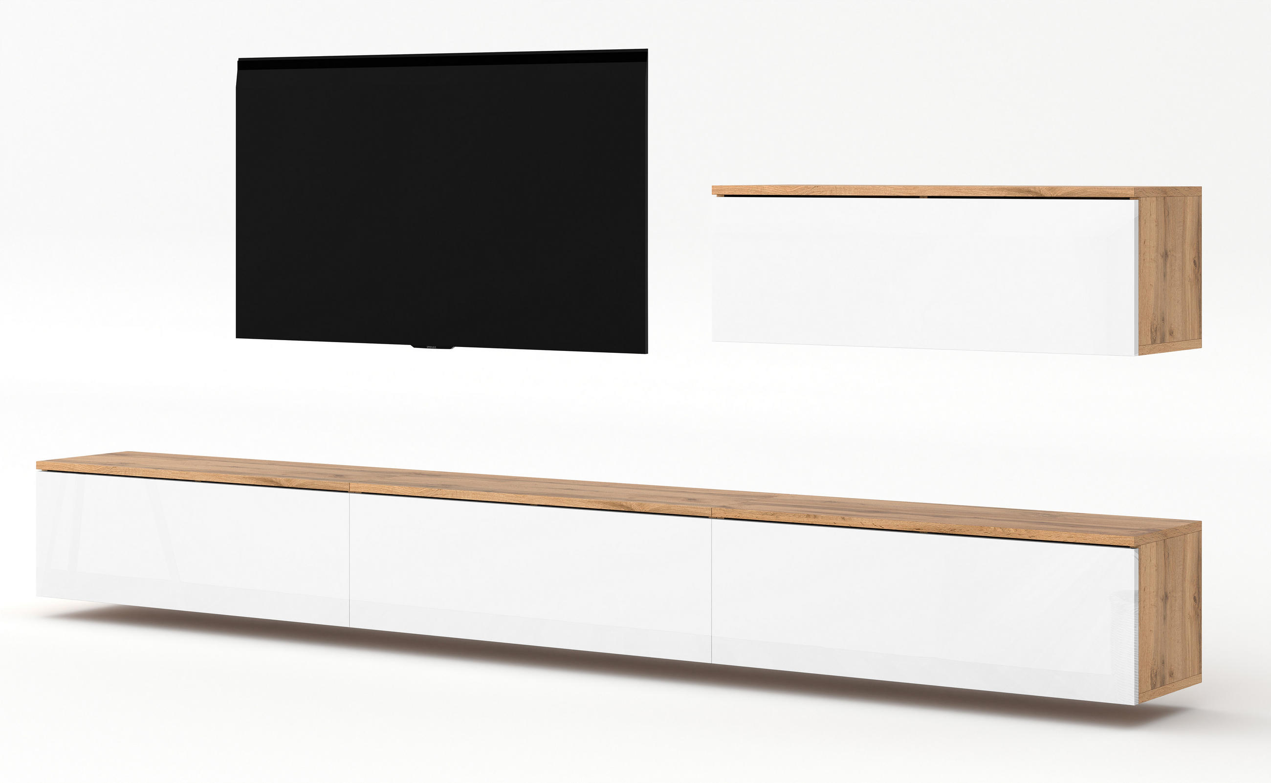 WOHNWAND Loriano IV Eiche, Wotan, Weiß Hochglanz 300/68/32 cm Anbauwand - Braun/Weiß, Holzwerkstoff/Kunststoff (300/68/32cm) - AX Living