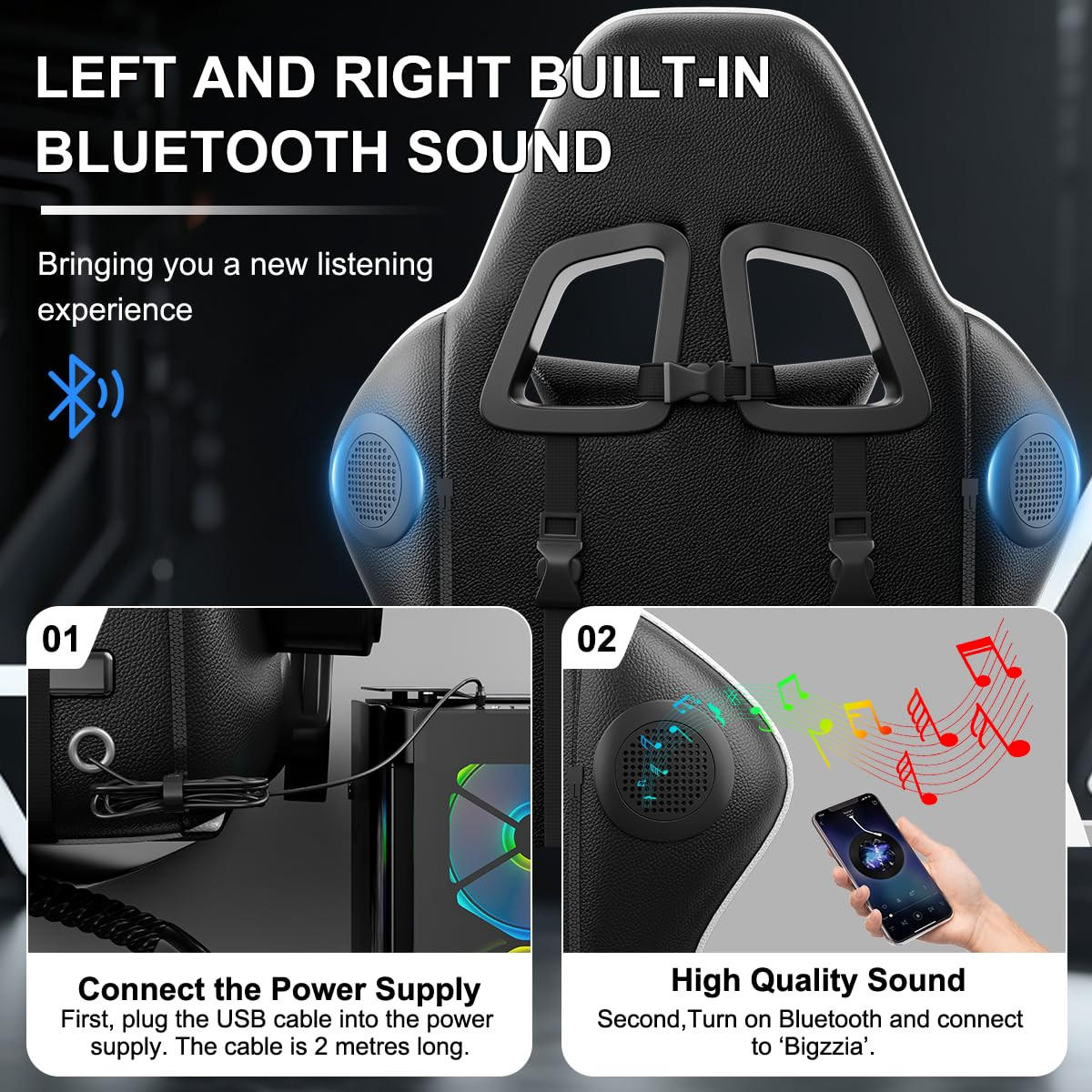 GAMINGSTUHL Schwarz-Blau mit Bluetooth Lautsprechern ergonomisch höhenverstellbar - Blau, Metall (66/124/58cm) - Rattrix