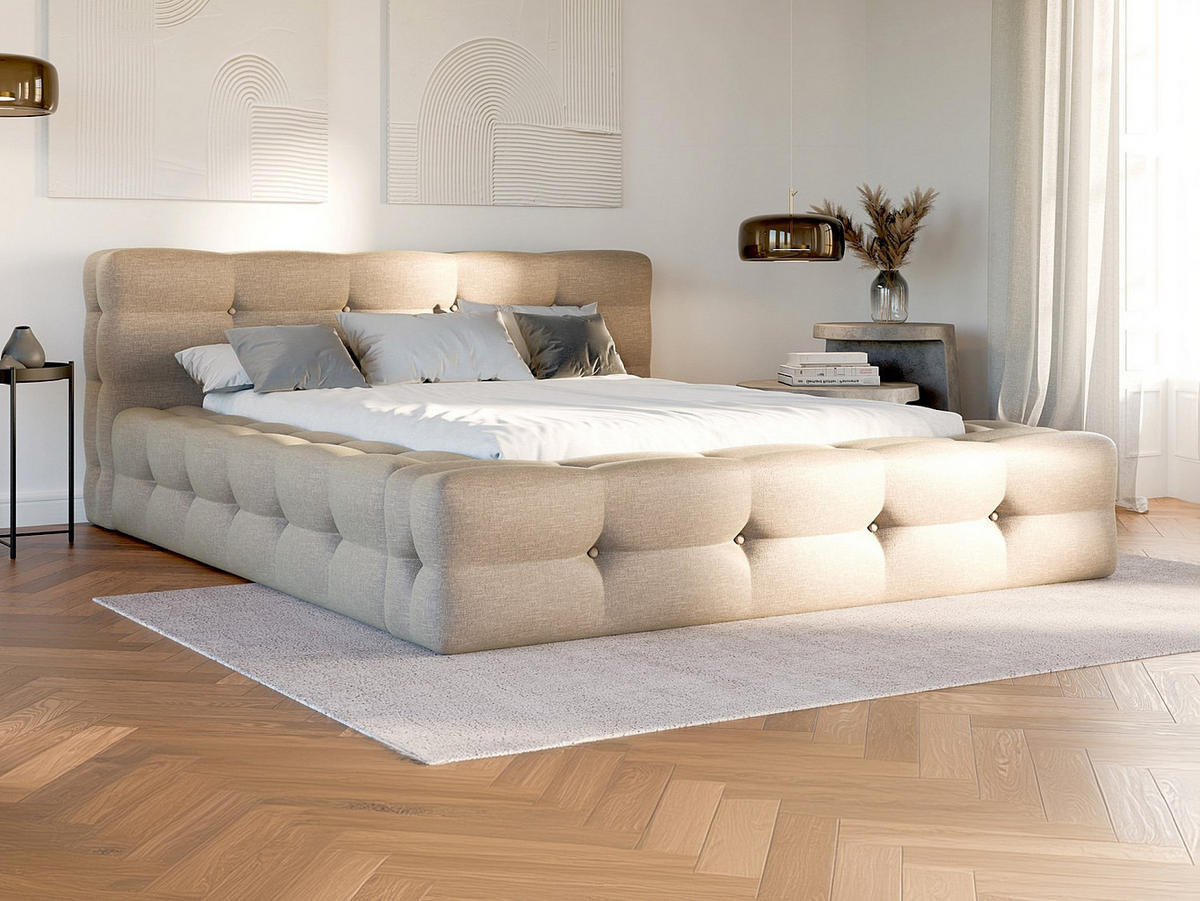 BETT mit Bettkasten - 2 Personen - Stoff - Beige - Beige, Textil (140/190cm) - Vente-Unique