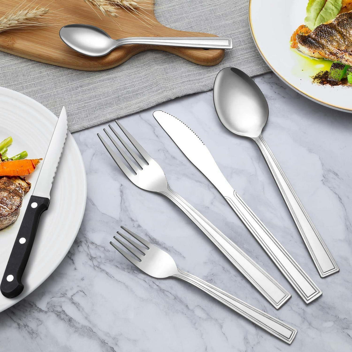 BESTECKSET 36-teilig Edelstahl 6 Personen mit Steakmessern spülmaschinenfest silber - Silberfarben, Metall