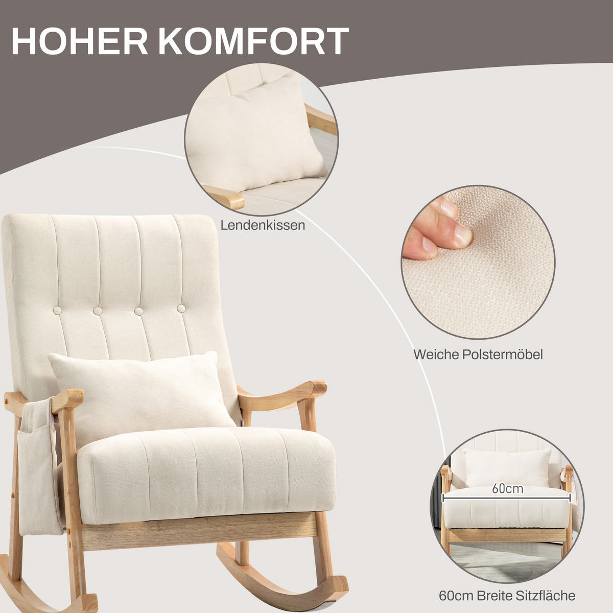 SCHAUKELSTUHL Schaukelsessel mit Lendenkissen, Seitentasche für Wohnzimmer Beige - Beige/Naturfarben, Holz/Buchenholz (65/98/90cm) - HOMCOM