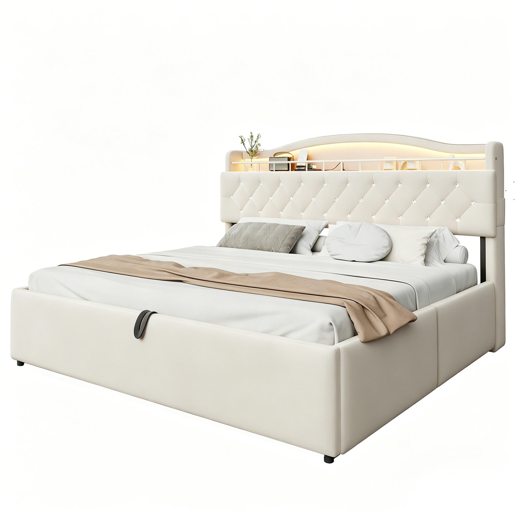 POLSTERBETT 180/200 cm in Beige mit Bettkasten, LED, USB und USB-C Samt - Beige, Holzwerkstoff/Textil (180/200cm) - STILVORA