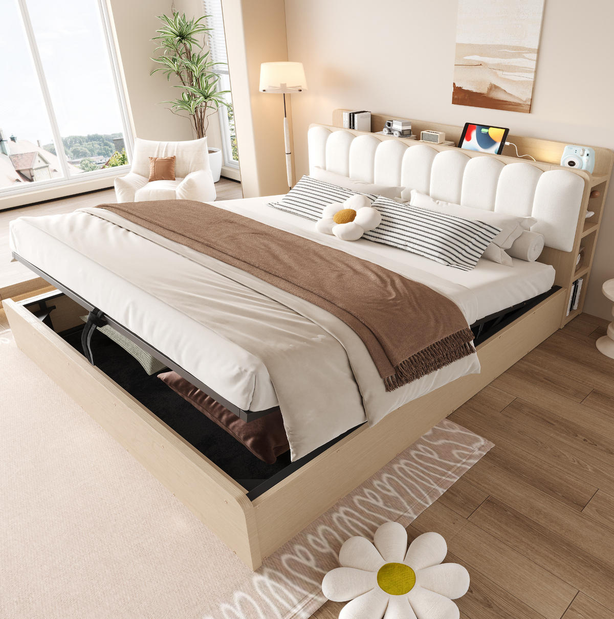 BETT 180/200 cm aus Holz mit Stauraum und USB-Anschluss, Naturholz - Naturfarben, Holz (180/200cm) - OKMYHOME