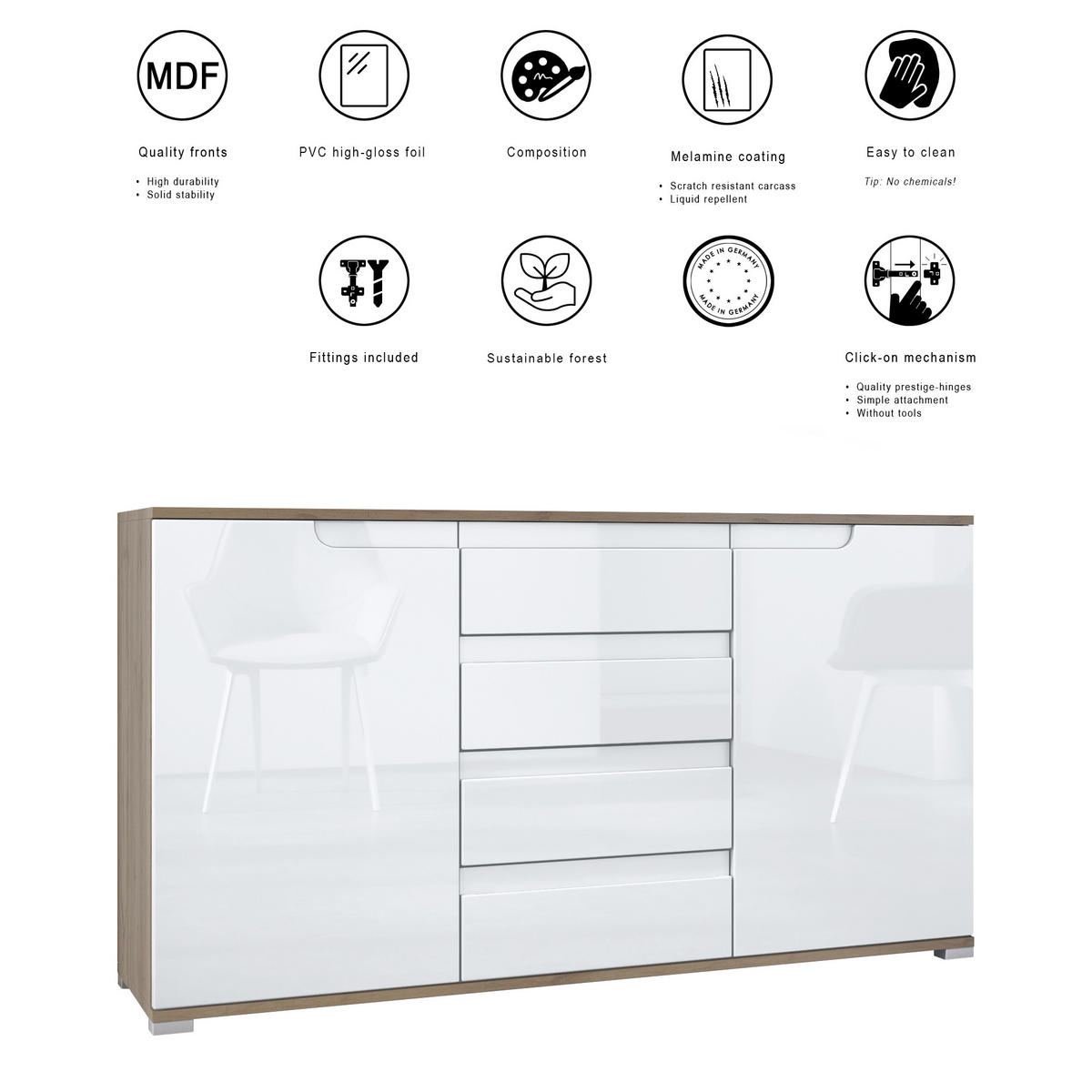 SIDEBOARD Sylt Schwarz matt / Schwarz Hochglanz - Schwarz, Holzwerkstoff (138.5/75.5/35cm) - Vladon