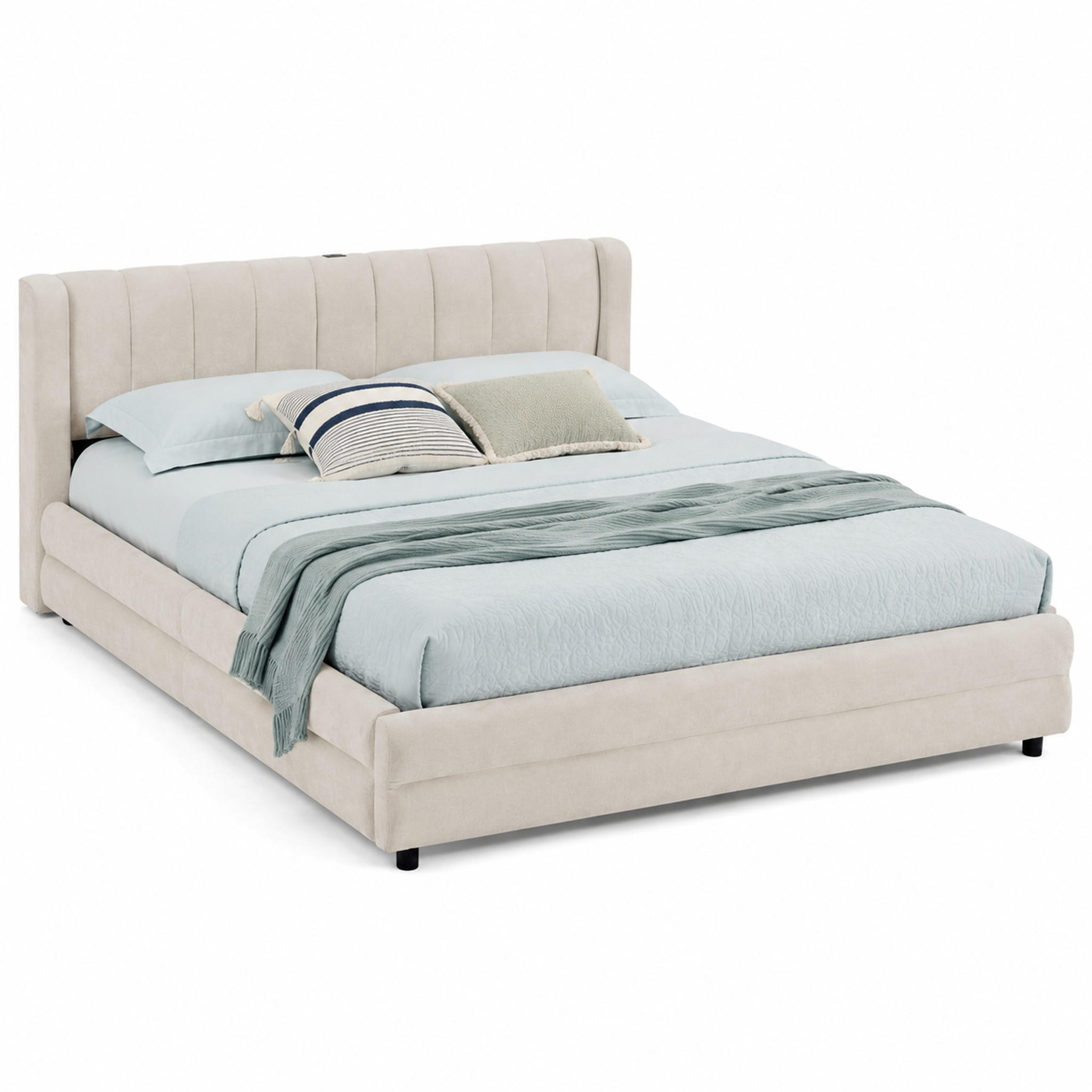 BETT mit 4 Schubladen und USB 140x200 cm Chenille Beige - Beige, Holz (140/200cm) - Meubliv
