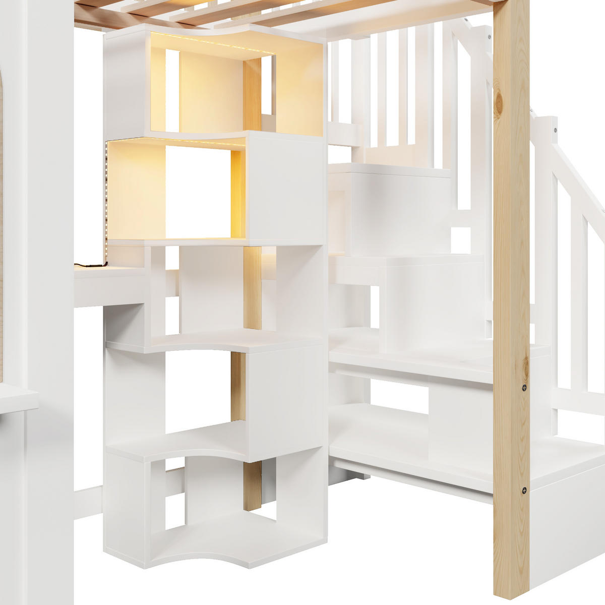 HOCHBETT 90x200cm Weiß + Natur LED-Licht Fensterform Schreibtisch - Multicolor, Holz (90/200cm) - FLIEKS