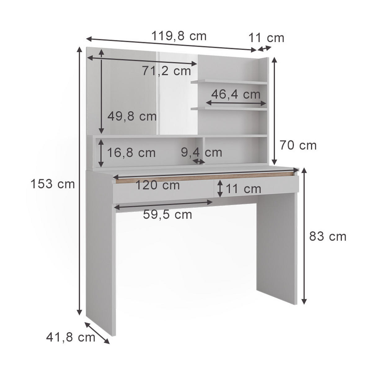SCHMINKTISCH Emma Weiß 120 cm mit Spiegelregal - Weiß, Holzwerkstoff (120/83/41.8cm) - Vicco
