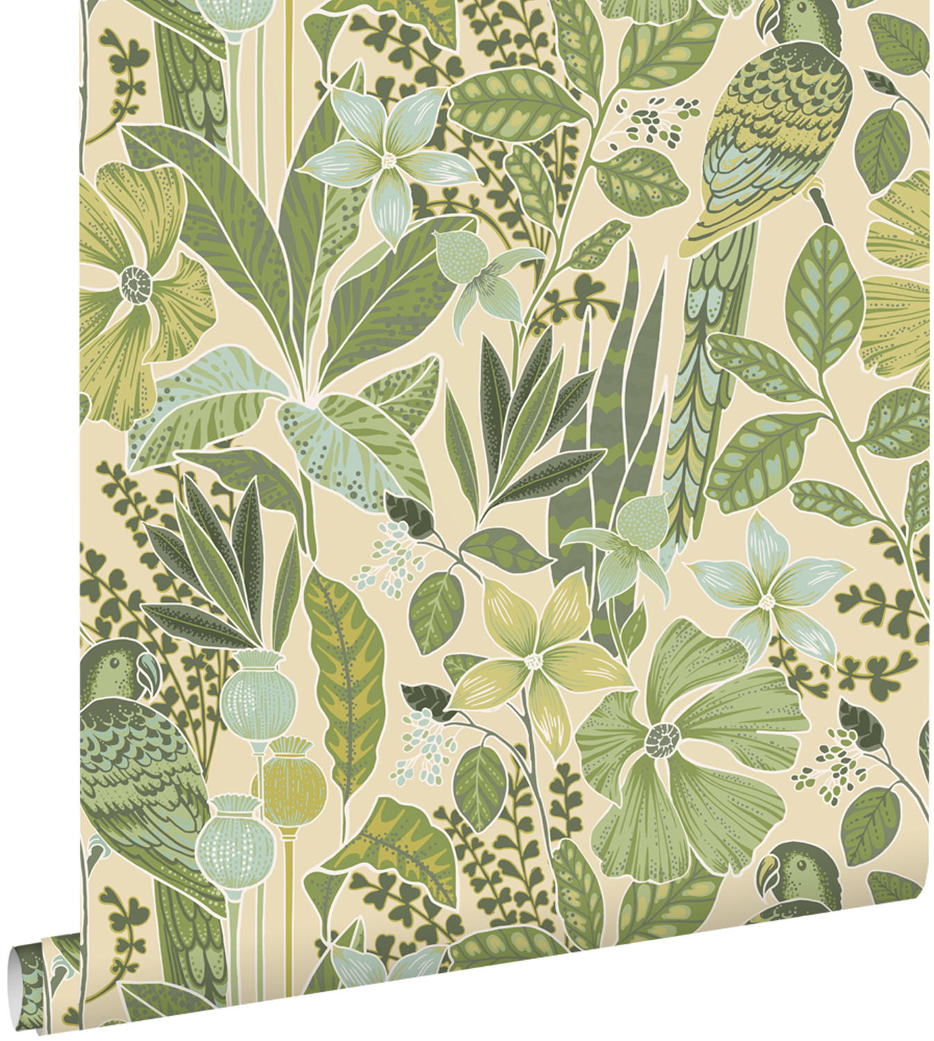TAPETE tropischen Blumen und Paradiesvögeln 50 x 900 cm - Grün, Papier (50/900cm) - ESTAhome