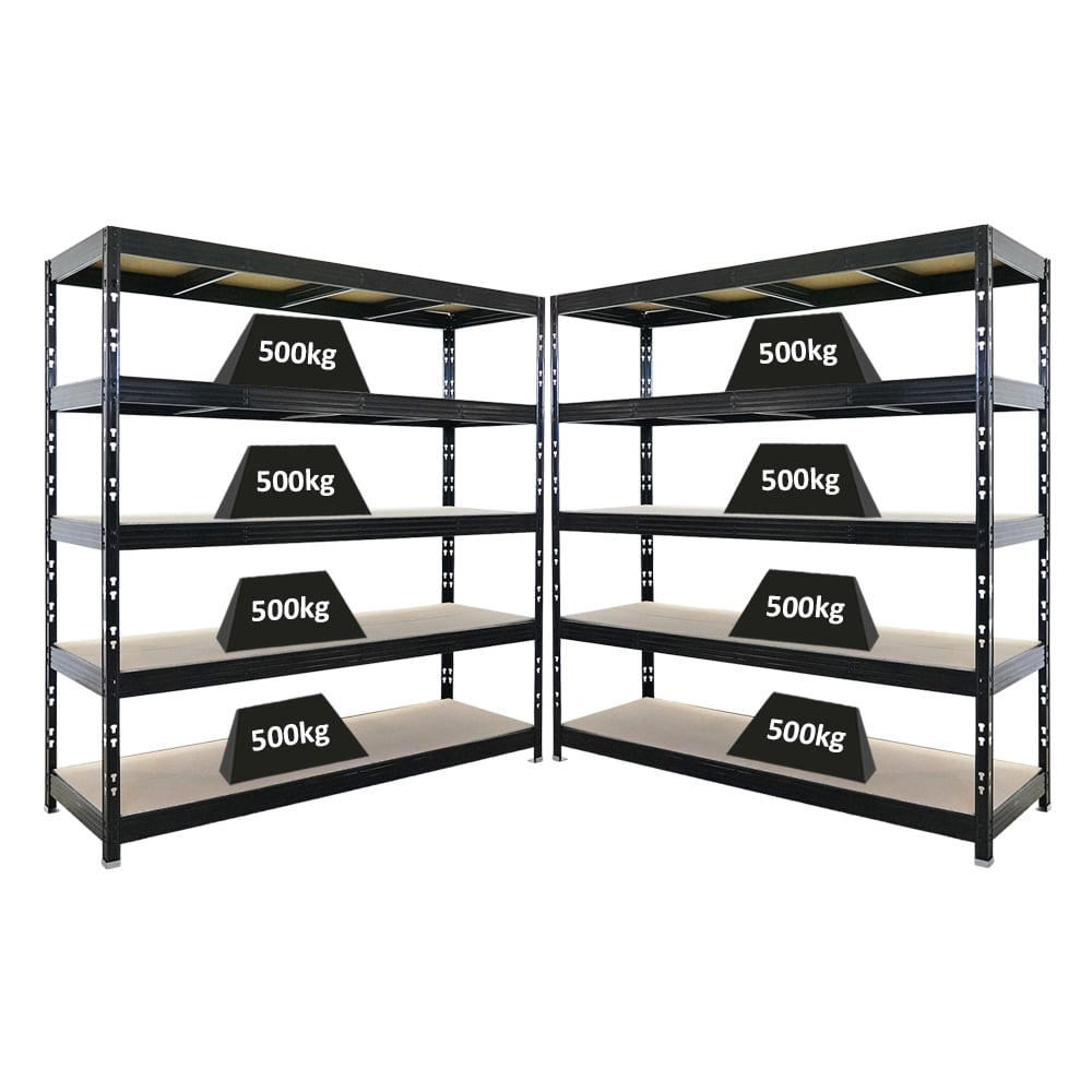 SCHWERLASTREGAL Rhino 2er-Set 200x200x60 cm 5 Spanplatten-Ebenen 8mm Fachlast 500 kg Schwarz - Schwarz, Metall (400/200/60cm) - PROREGAL