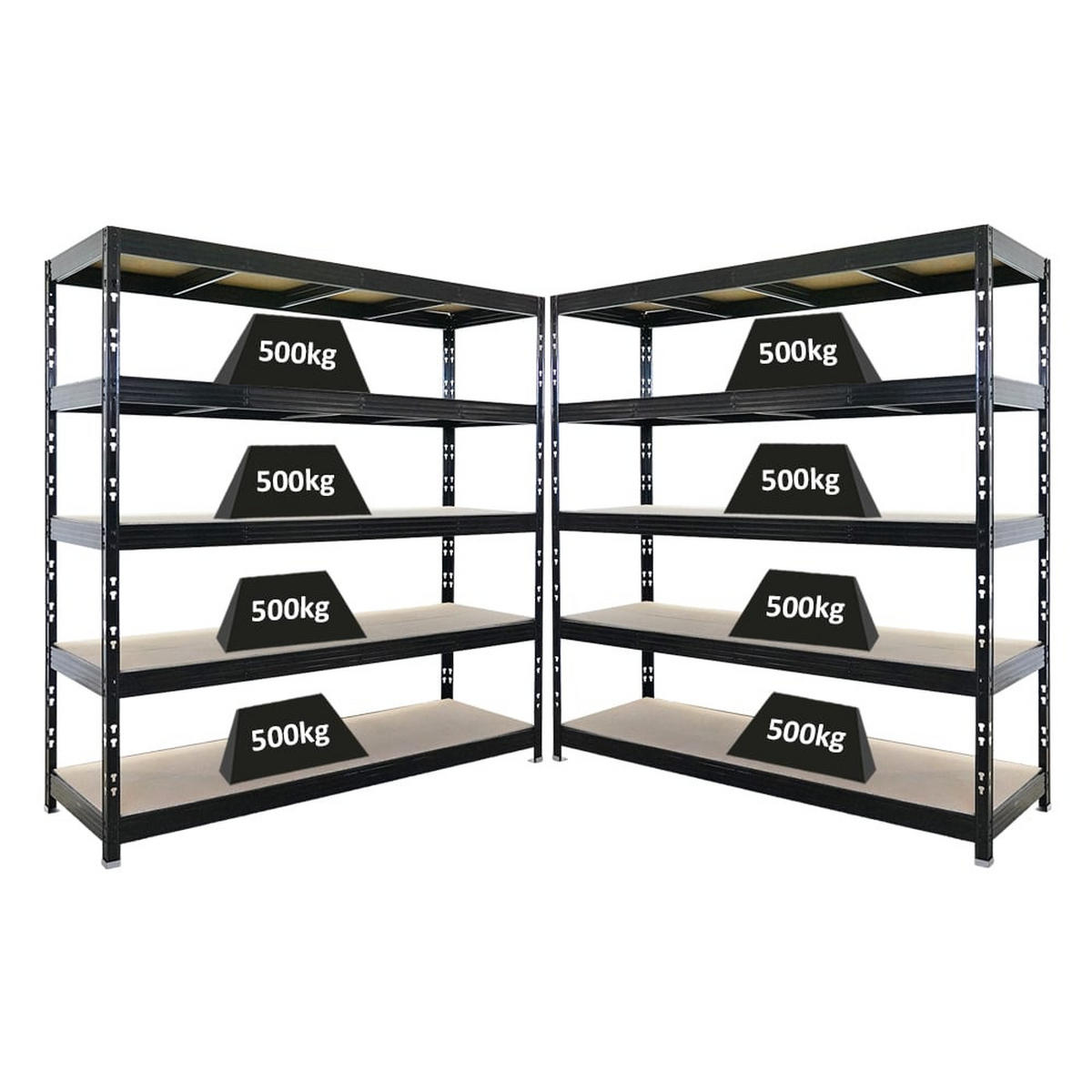 SCHWERLASTREGAL Rhino 2er-Set 200x200x60 cm 5 Spanplatten-Ebenen 8mm Fachlast 500 kg Schwarz - Schwarz, Metall (400/200/60cm) - PROREGAL