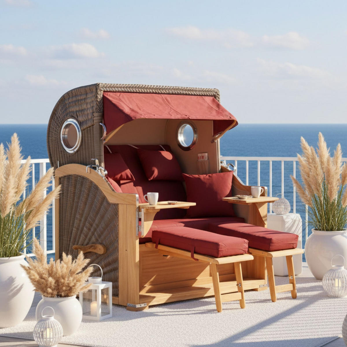 STRANDKORB Baltikum Teak 2,5 Sitzer - Rot/Braun, Holz/Metall (142/170/95cm) - Mr. Deko