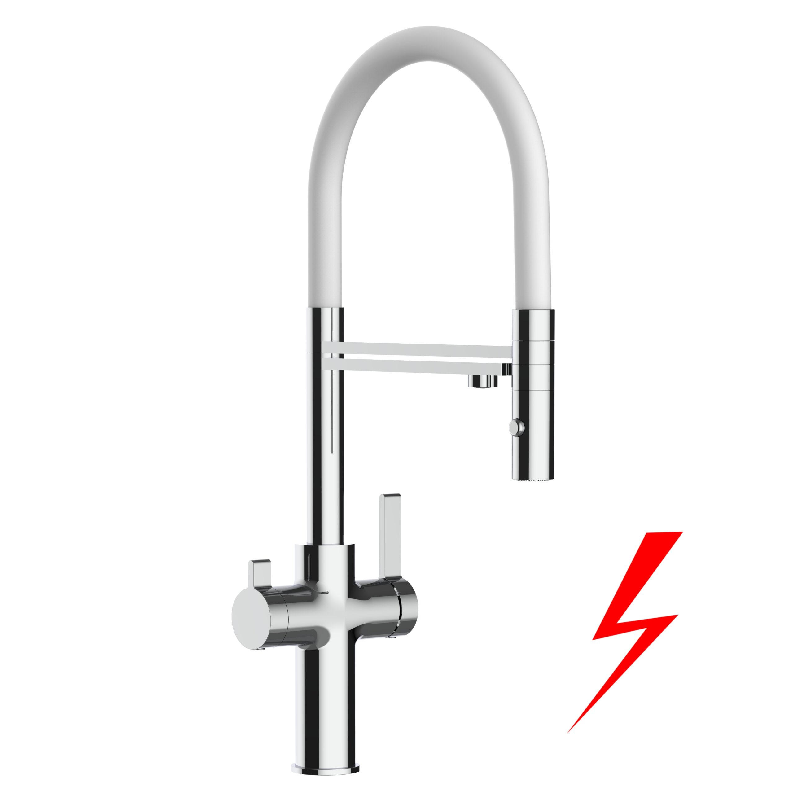 NIEDERDRUCK-3-WEGE-KÜCHENARMATUR, Verchromt und Weiß, 2-Strahl-Brause - Weiß, Metall (20.61/48/20.61cm) - VIZIO