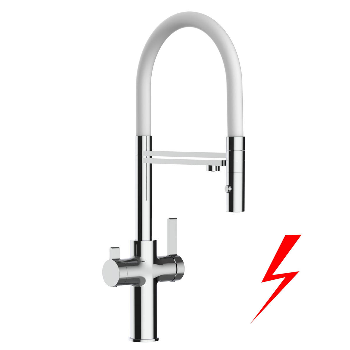 NIEDERDRUCK-3-WEGE-KÜCHENARMATUR, Verchromt und Weiß, 2-Strahl-Brause - Weiß, Metall (20.61/48/20.61cm) - VIZIO